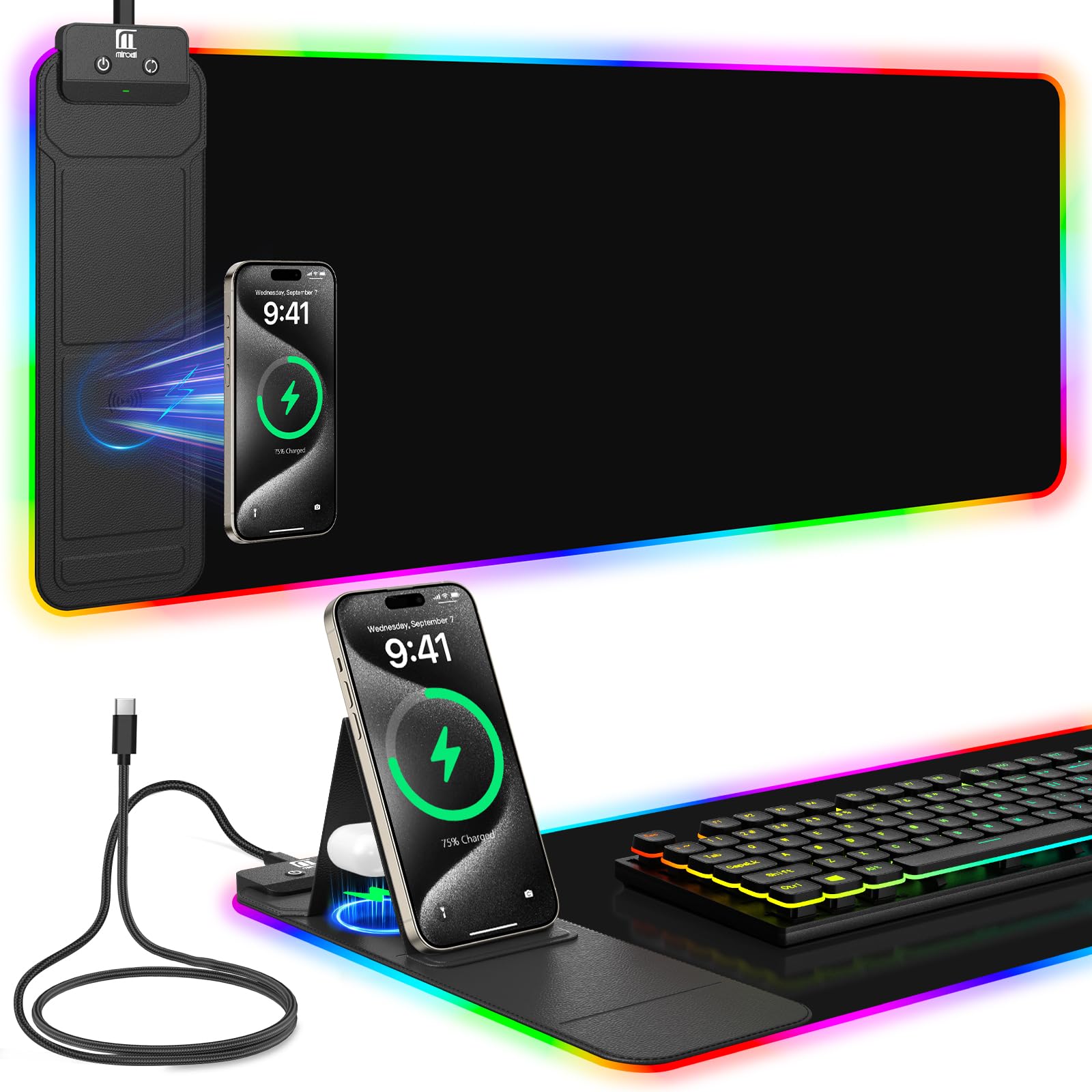 Mouse Pad with Foldable Phone Holder &amp; Wireless Charger, XL RGB Gaming Mousepad 31.5"x11.8" Large Desk Mat for Keyboard, Home Desk Pad with Dual Qi Charging Station | 11 Colors &amp; 5 Modes | Waterproof
