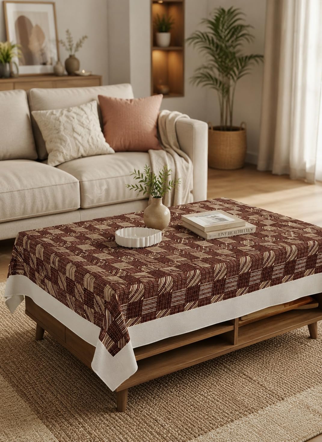 CASA-NEST 2-4 Seater PVC Table Cover; Beige & Brown Squares; Anti Slip; 40x60 Inches; 4 Seater Center Table Cover printed001-picture-18