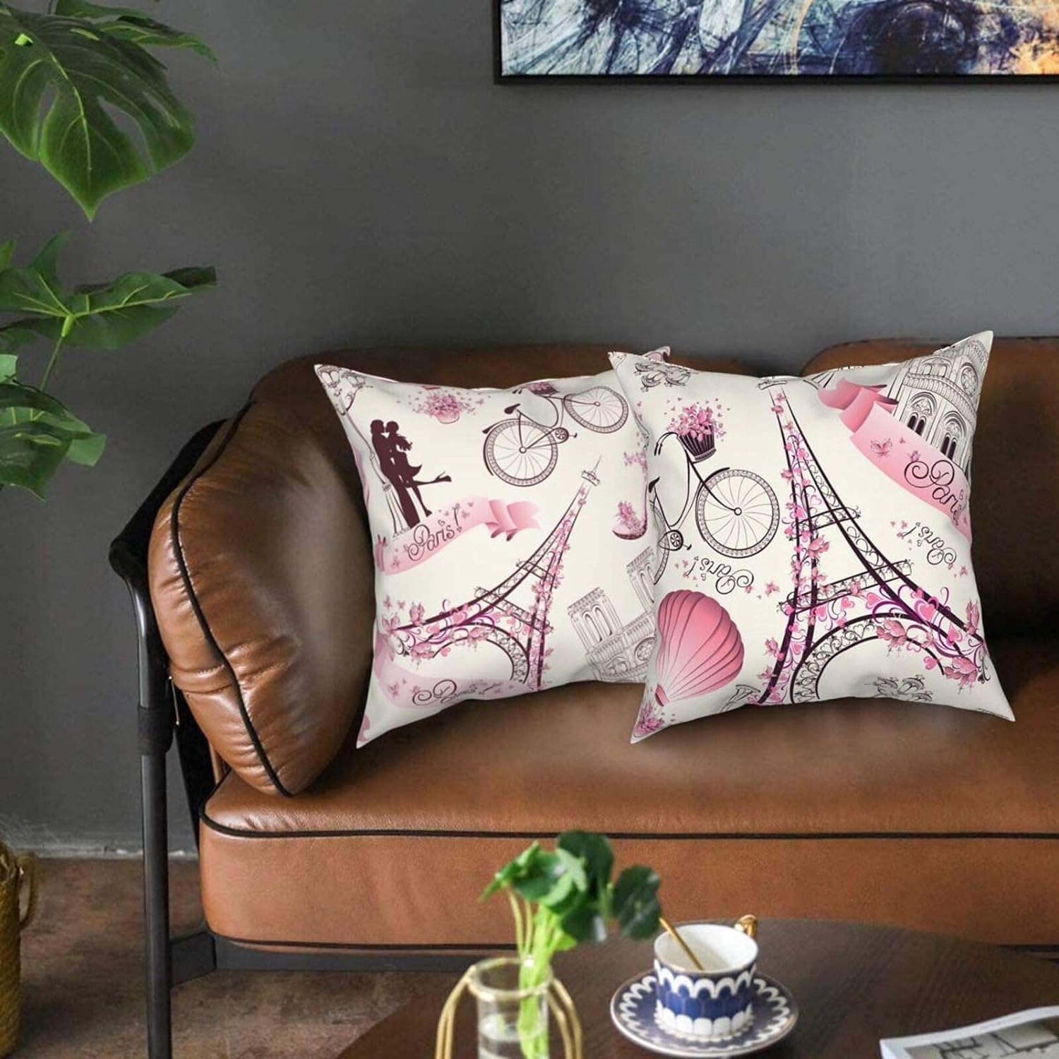 Eiffel Tower Throw Pillow Cover Set of 4 Decorative Square Pillowcase Romantic Travel in European Paris Throw Cushion Case for Bedroom, Living Room, Sofa, Couch and Bed, 20 x 20 Inches
