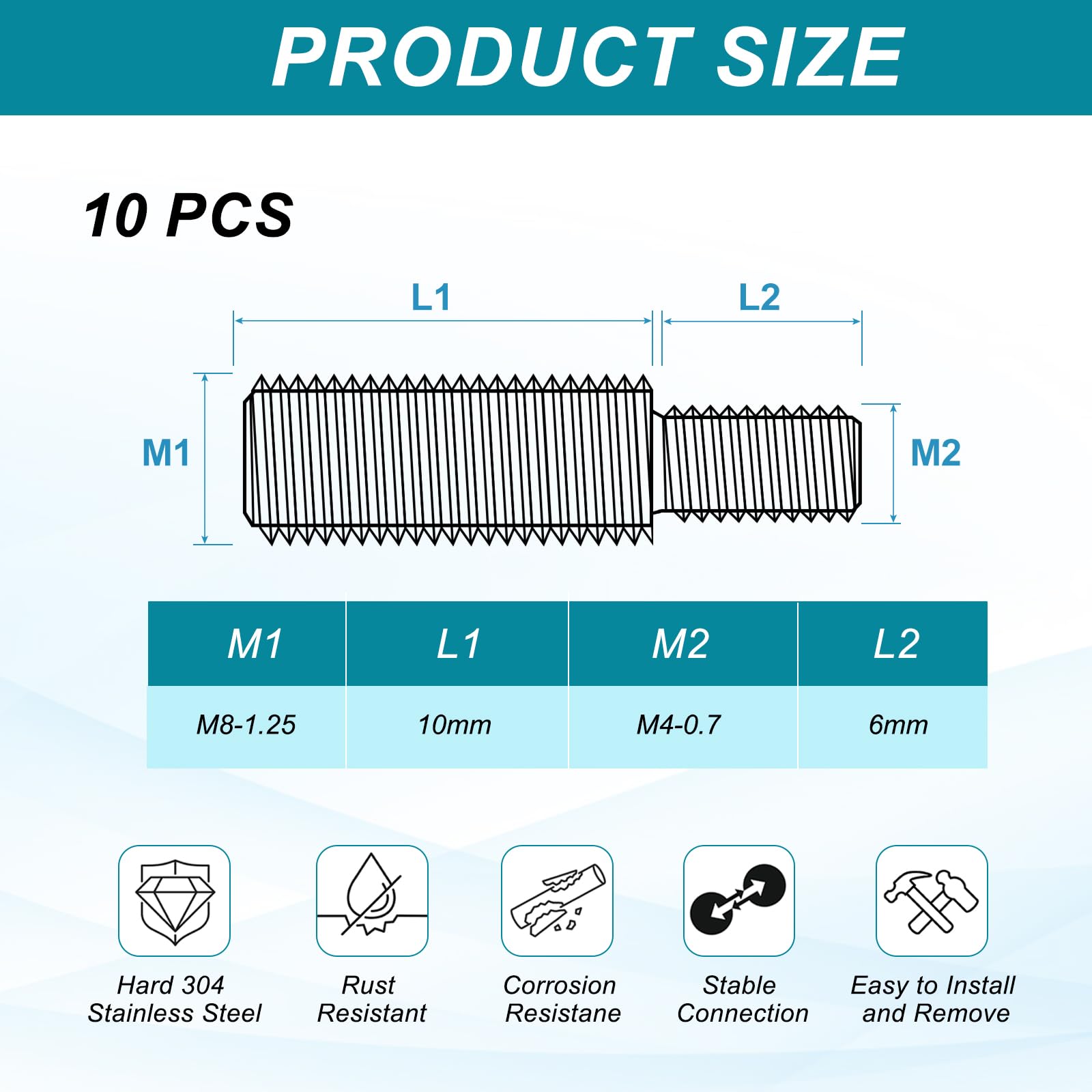 PATIKIL M4x6 to M8x10 Double End Threaded Stud Screw Bolt - Image 2