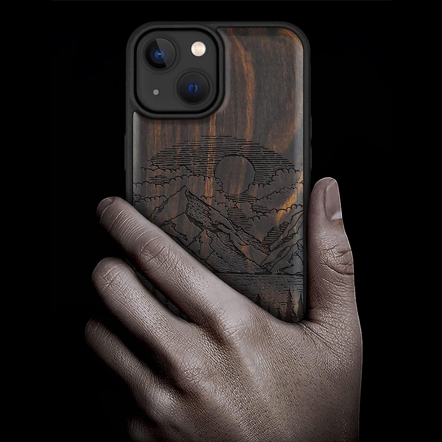Carveit Magnetic Wood Case for iPhone 14 Case [Natural Wood & Black Soft TPU] Unique & Classy Wooden Shockproof Protective Cover Compatible with magsafe (Alpine Lake -Blackwood)