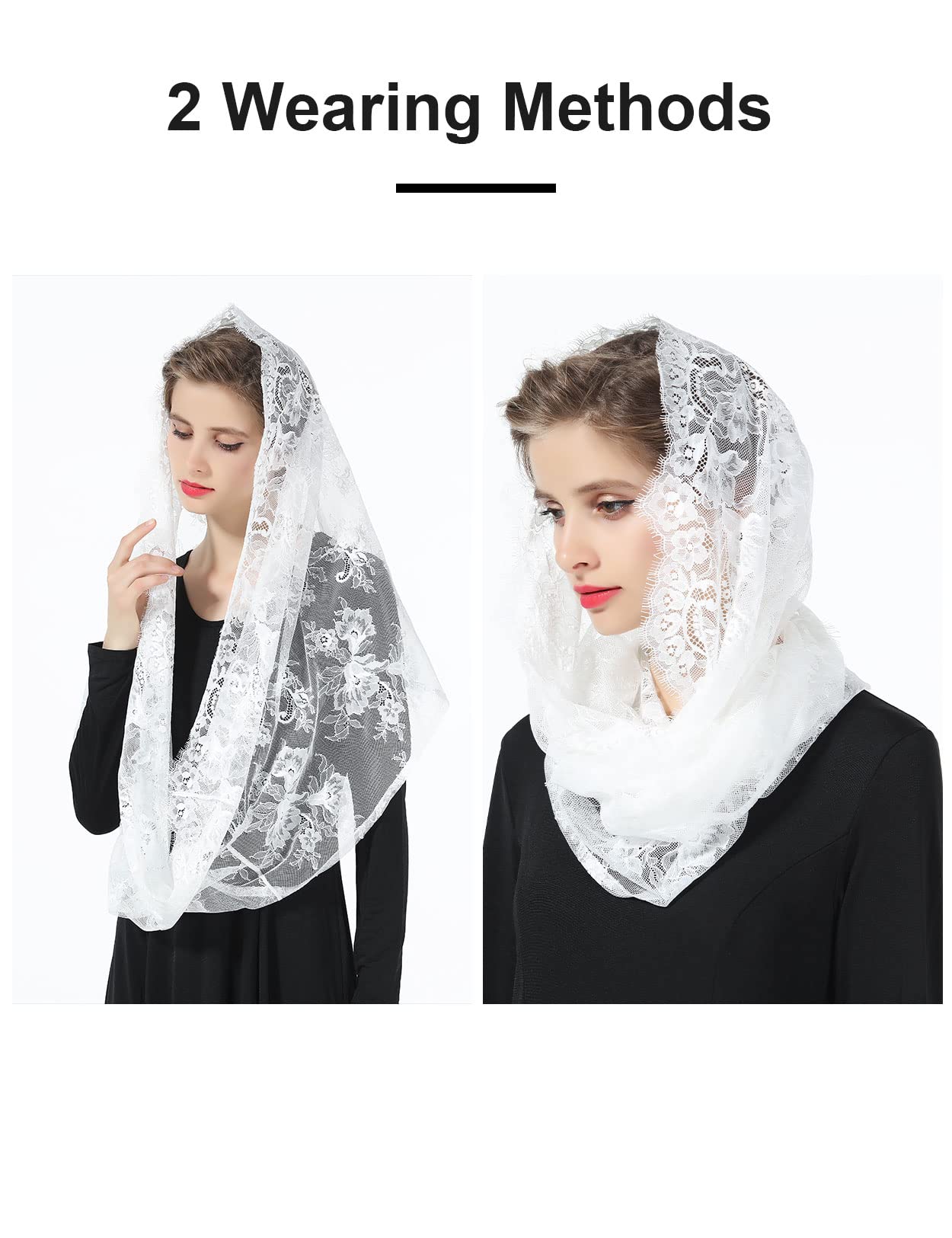 BEAUTELICATE Velo di Pizzo da Sposa Chiesa Cattolica Mantila Infinito Sciarpa Copricapo per Messa In Latino Nero Bianco V101