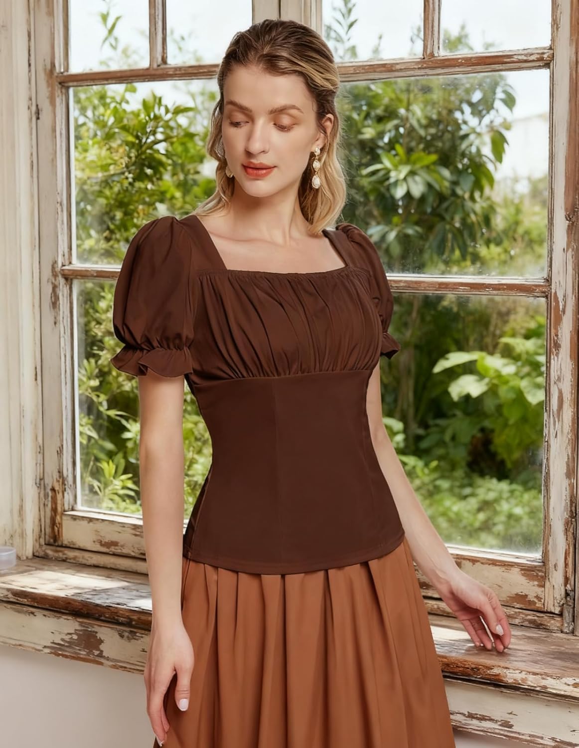 Scarlet Darkness Peasant Tops for Women Vintage Puff Sleeve Square Neck Renaissance Shirt - Image 2