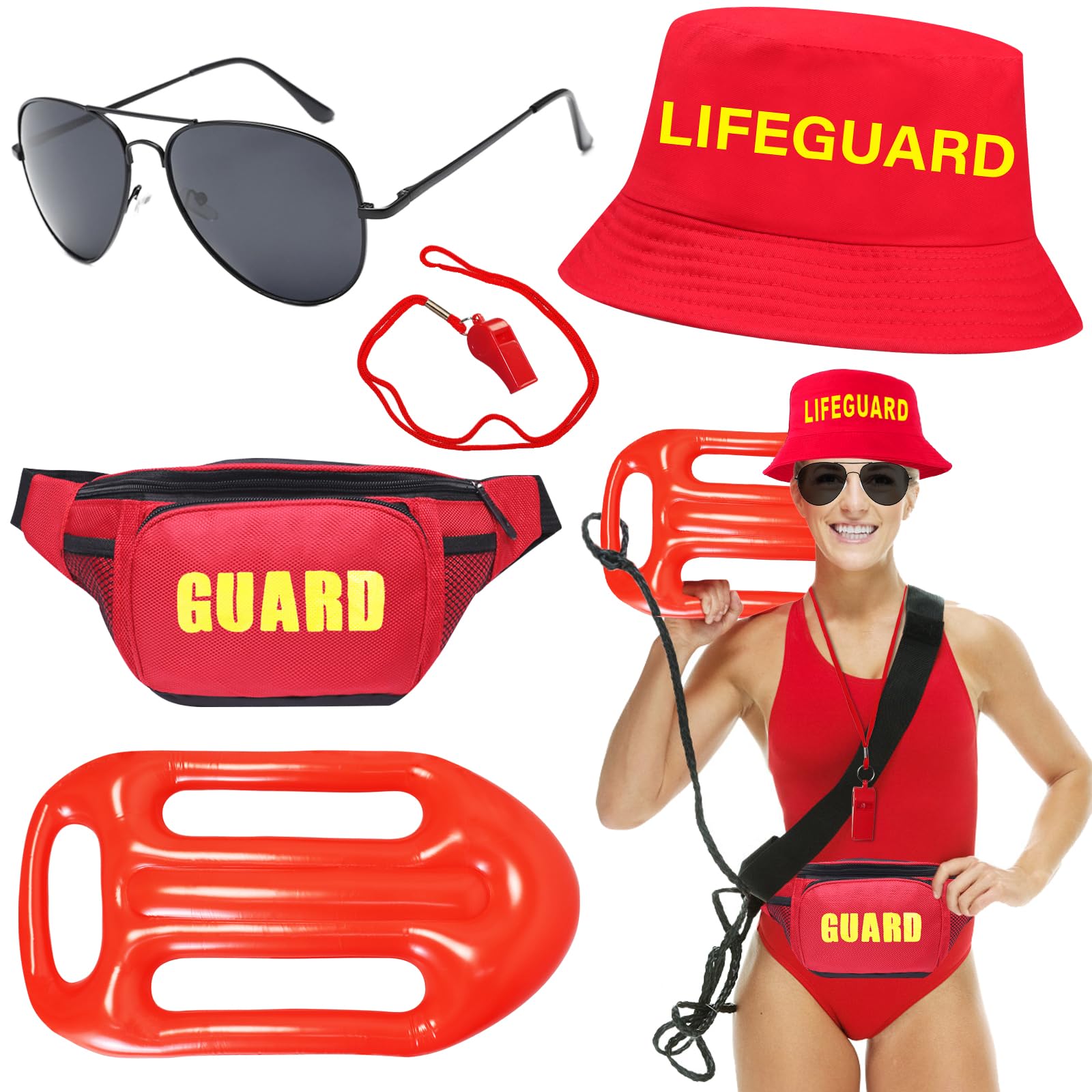 HEAWAA 5Pcs Life Guard Accessories Kit Include Inflatable Float Prop Bucket Hat Adjustable Fanny Pack Whistle Sunglasses Lifeguard Fancy Dress Costume for Adults Women Men Halloween Cosplay Party