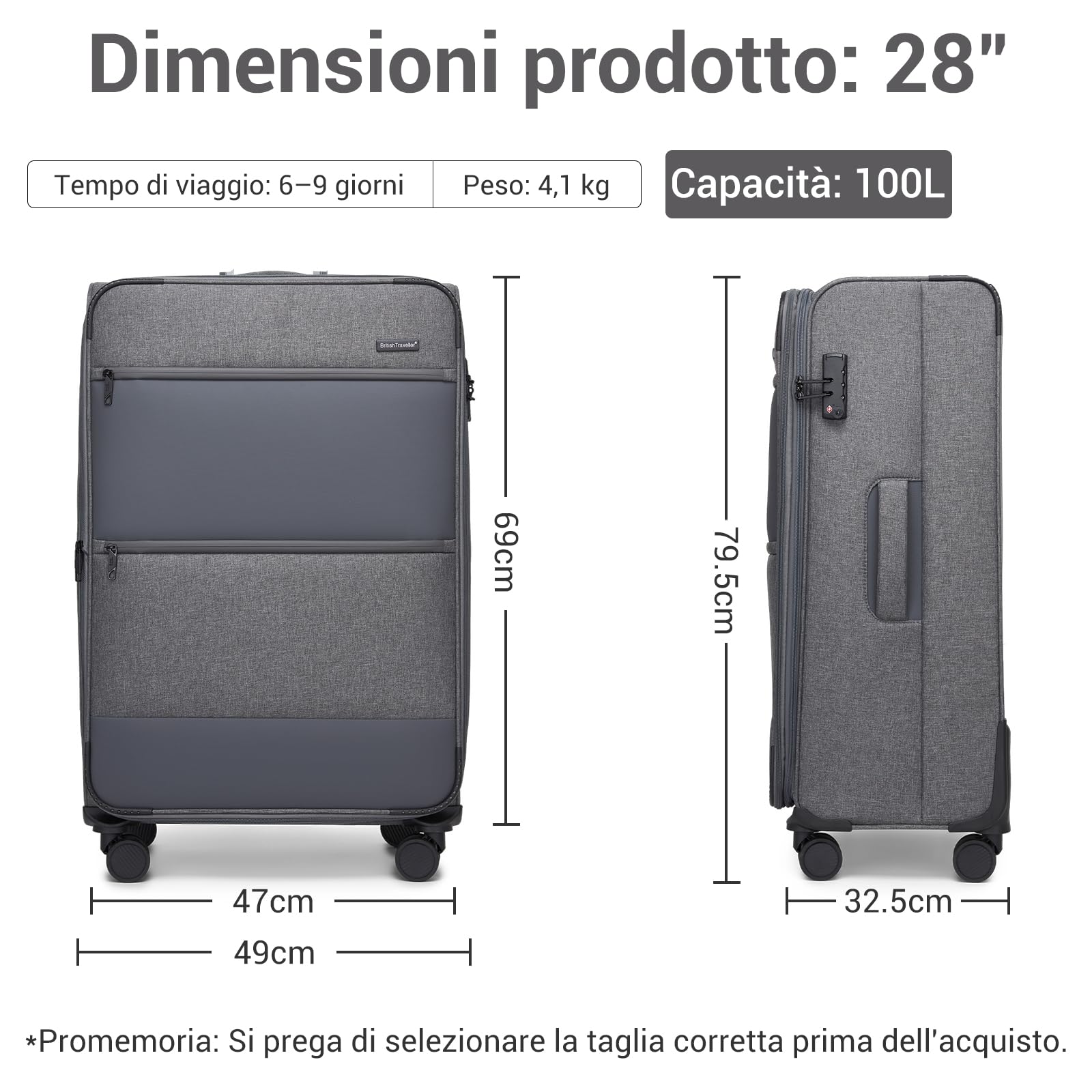 British Traveller Valigia Trolley Grande Rigido Espandibile 79,cm Valigie Rigida da Viaggio con 4 Ruote Girevoli e TSA Lucchetto(28pollici, Grigio)