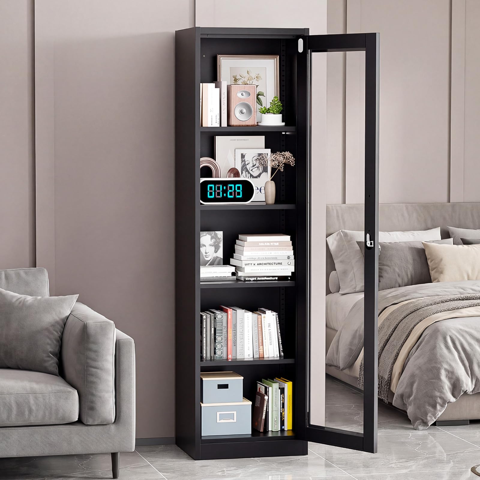 Bonnlo 165cm Metal Glass Display Cabinets with Adjustable Shelves,Black