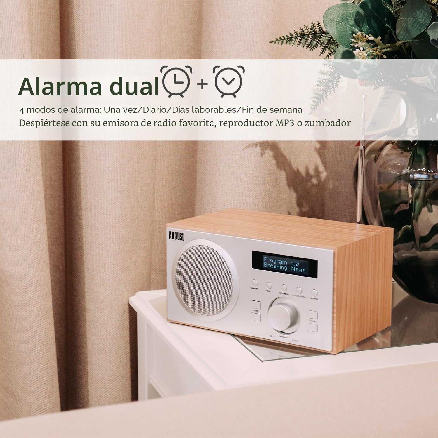 August MB420 Radio Digital FM Dab Plus USB Bluetooth de Madera, Transistor Altavoz Hi-Fi Reproductor MP3 Jack 3,5mm con Subwoofer Reloj Despertador con Enchufe - Estilo escandinavo
