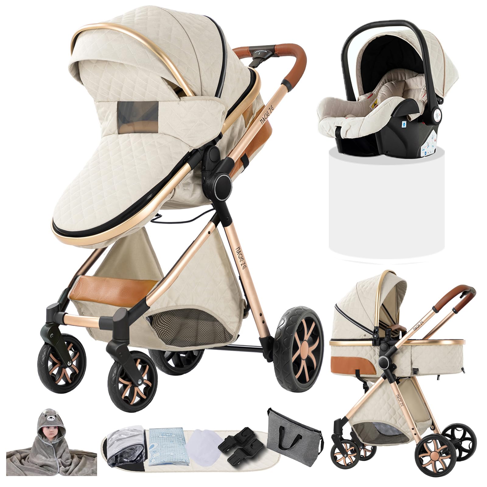 Passeggino 3 in 1 Trio con Due Modalità di Spinta Reversibile, Passeggino Neonati con Design Pieghevole in Un Clic, Trio Neonato con Grande Nacelle Comoda (YV9 Creamy White)