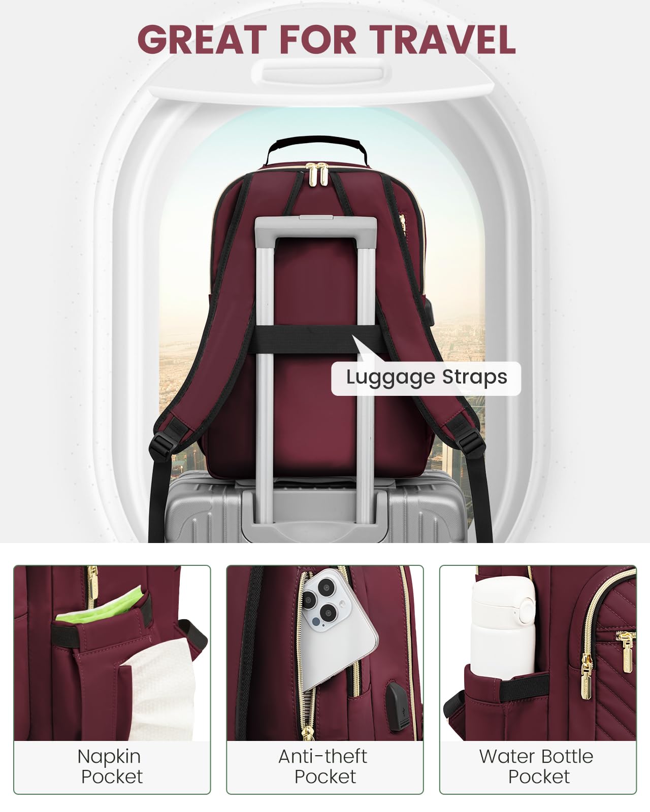 LOVEVOOK Laptop Bag Travel Backpack Work Bag Wine Red LOVEVOOK Laptop Backpack for Women, 15.6 Inch Work INCH  main image 3