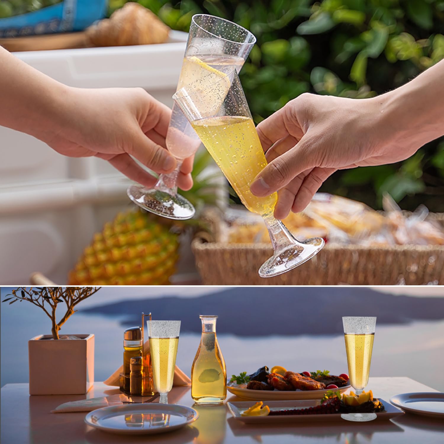 20 Pezzi Flute Plastica Riutilizzabili Argento 150ml, Calici Plastica Rigida Lavabili, Bicchieri Champagne con Tappo Vino Sottovuoto per Feste, Matrimoni