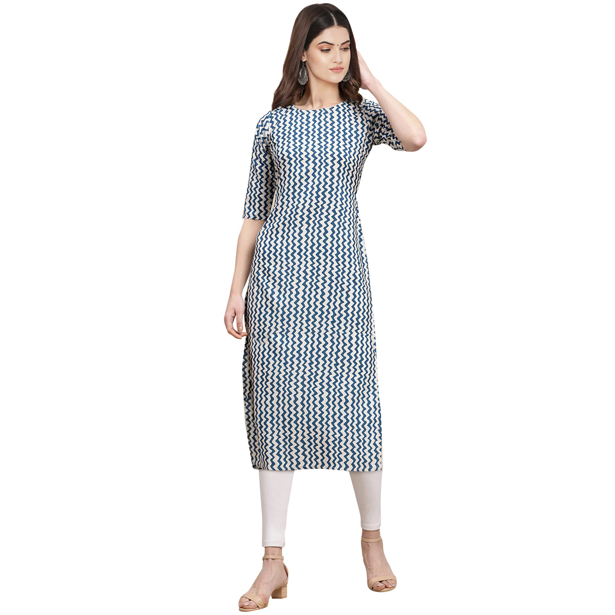 Pinkmint Women's Crepe White & Blue Color Zig Zag Printed Straight Kurti (530331-Xxl)