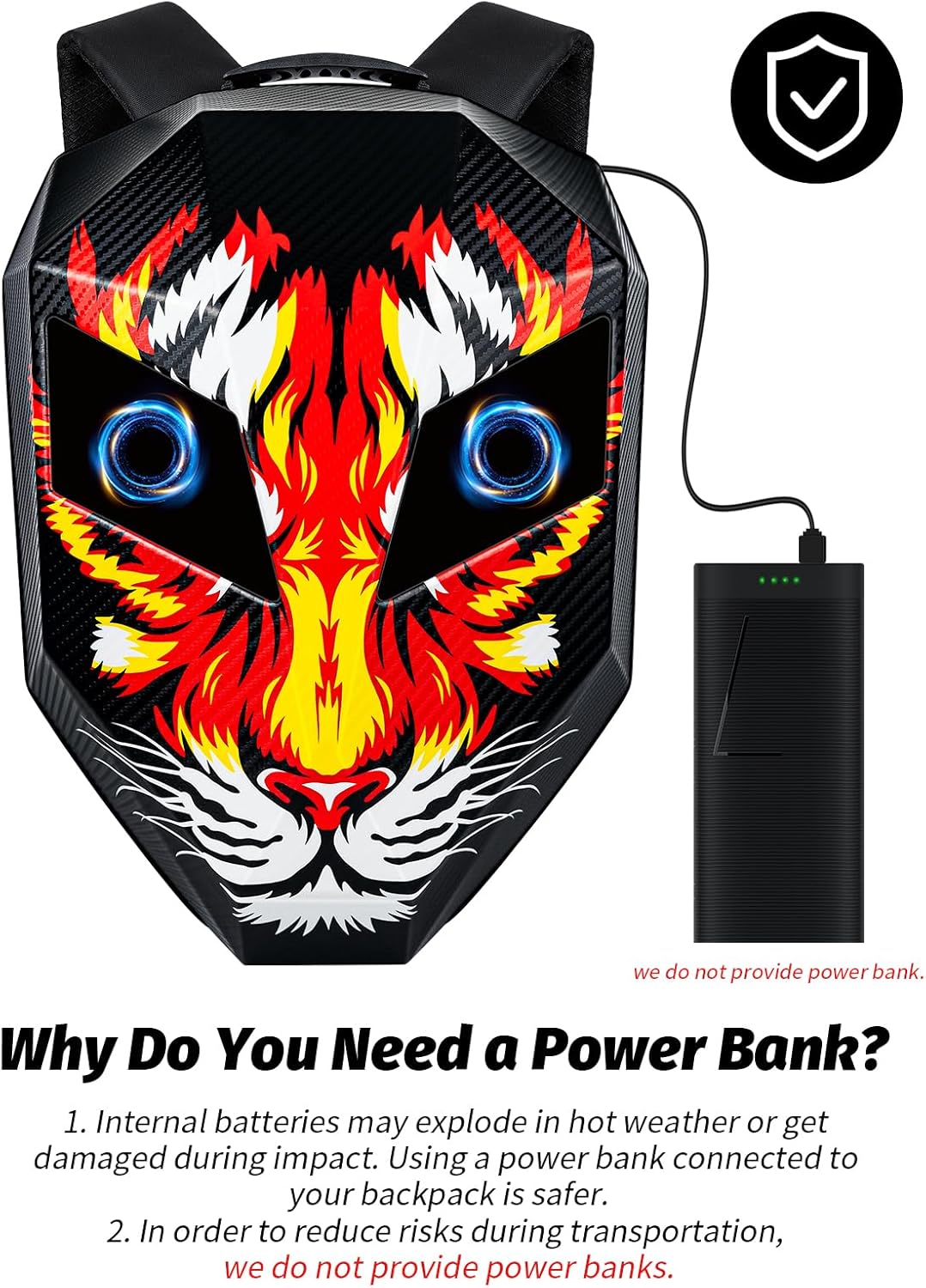 LED Motorcycle Backpack 19", Animated Digital Backpack with Programmable Moving Eyes, Perfect Tech Gear for Style and Fun, Tiger Knight - Image 3