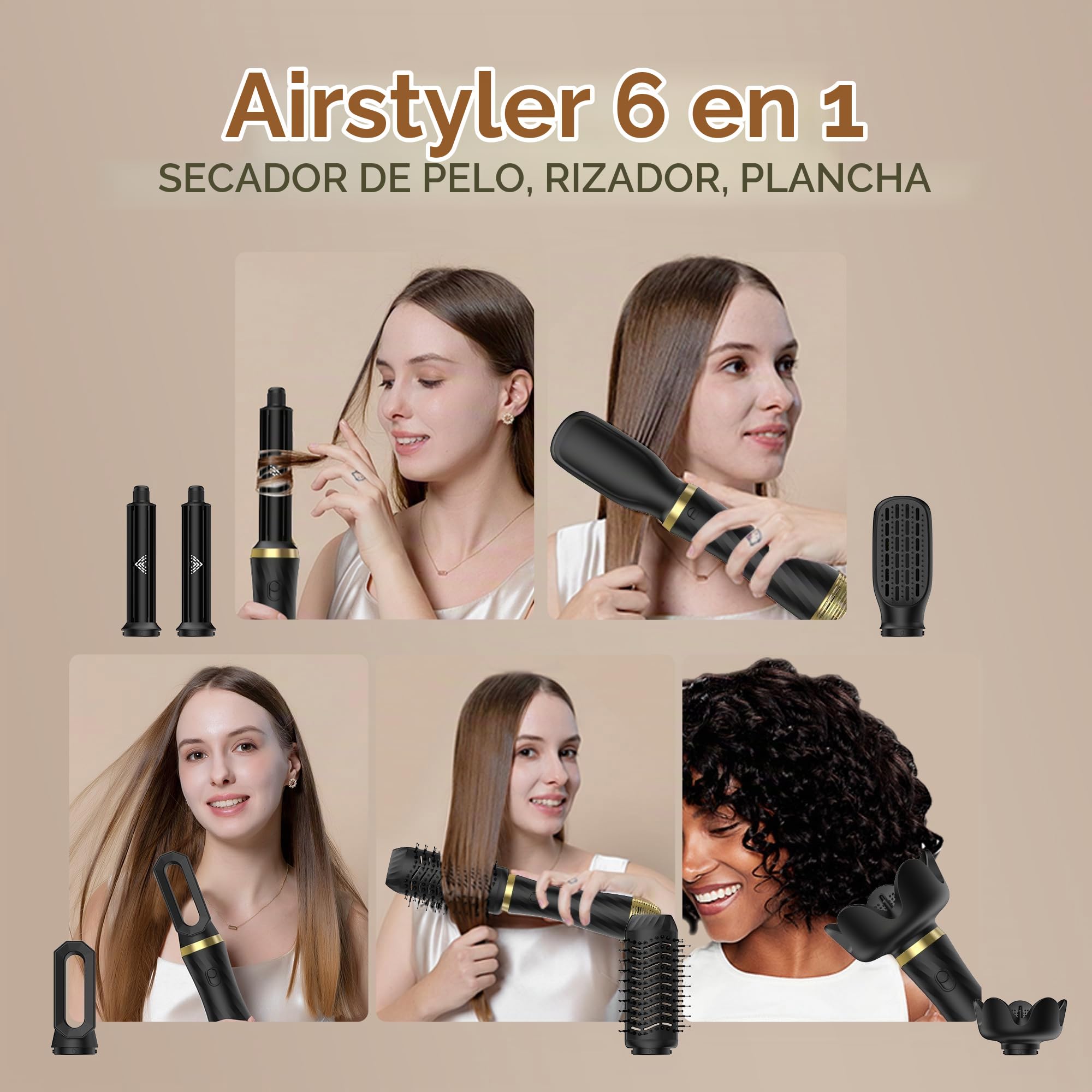 Secador de Pelo Profesional - 6 en 1 Cepillo de Aire Caliente con Rizador Automático, Thermal Brush, Secado Rápido, Moldeador Pelo Voluminizador para Rizador Alisar Volumen (Negro)