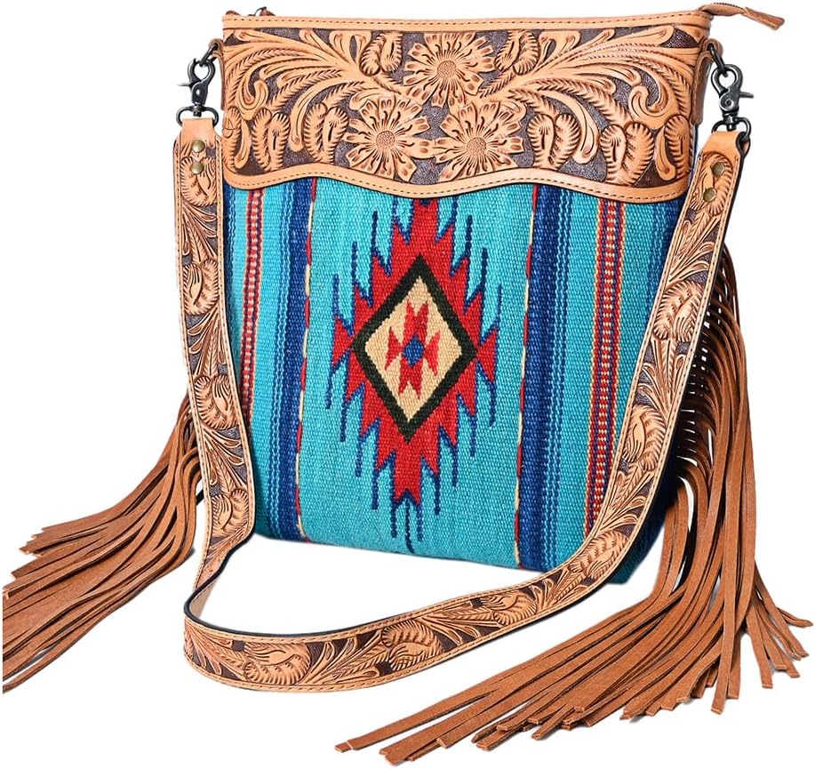 American Darling Signature Cross Body Bag Hand Tooled Floral Hand Woven Saddle Blanket Leather Crossbody with Fringes