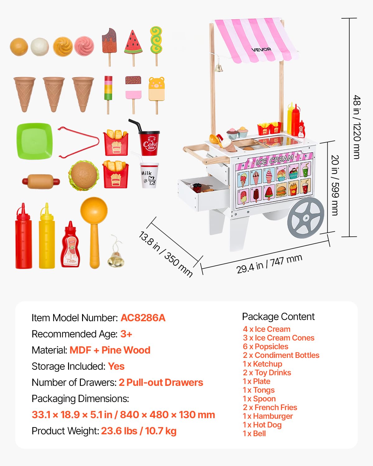 VEVOR Carrito de Helados, Más de 20 Accesorios, Juego de Simulación de Heladería, Cocina, Juguetes con Helado y Paleta, Toldo y Congelador, Cajones, para Niños de 3 a 7 Años, 747 x 350 x 1220 mm