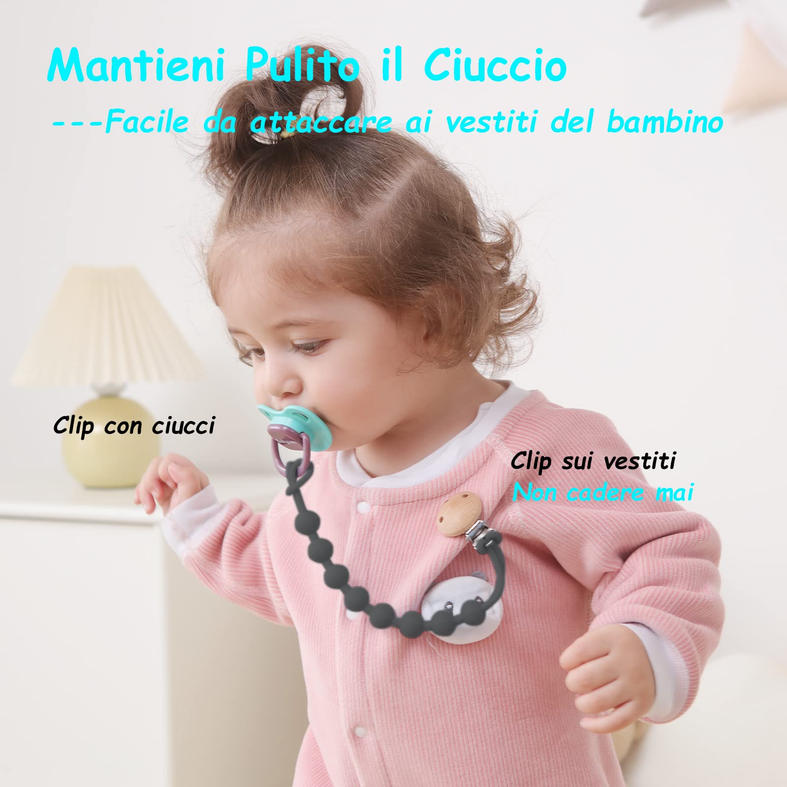 Catenella Portaciuccio in Silicone, Seposeve Confezione da 2 Catenella Ciuccio Clips, Morbide Clip Portaciuccio per Bambini e Bambine, Morbido Flessibile, Durevole - Alta Tenacità, 2 Nero