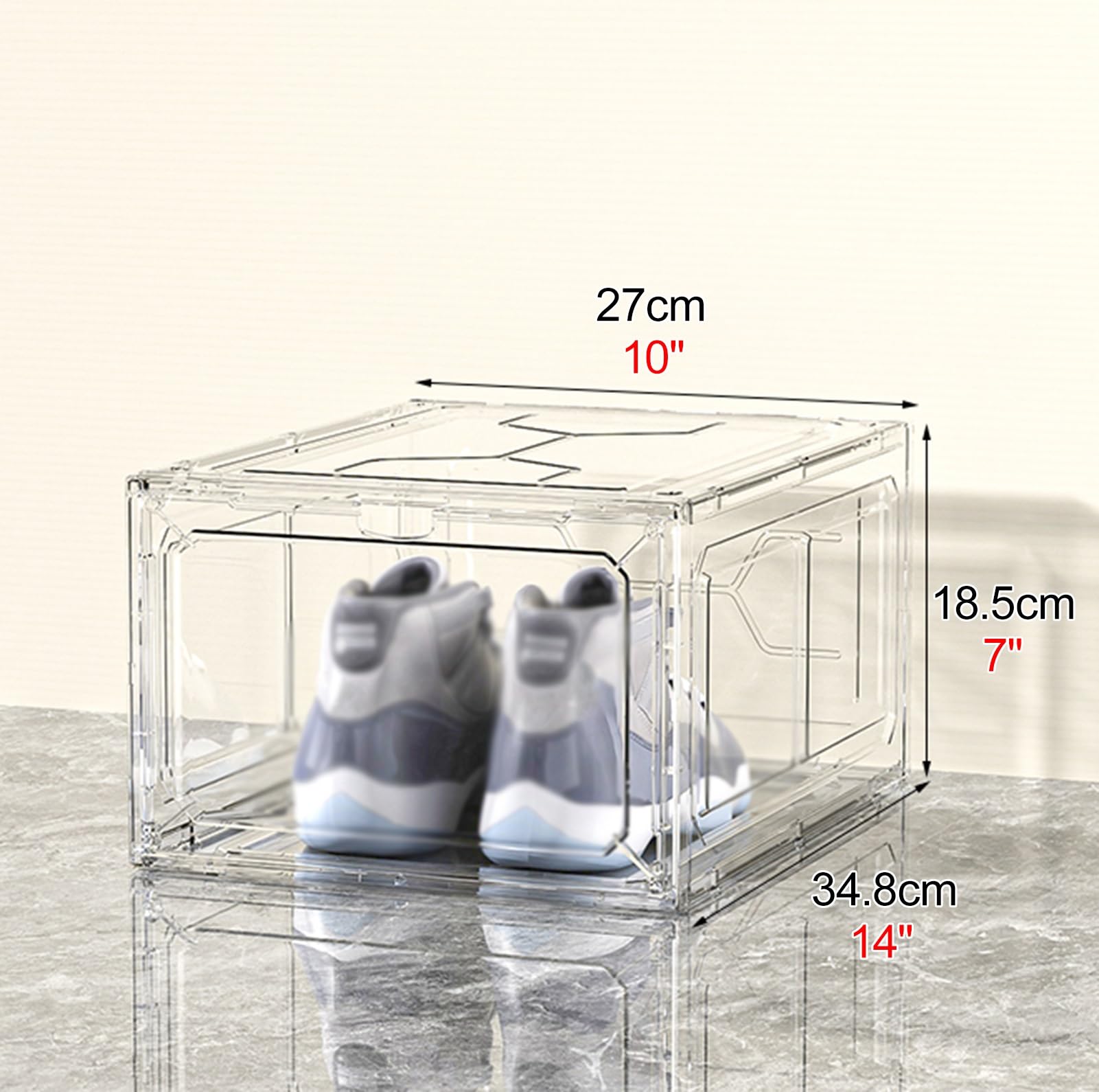 Teca Plexiglass Scatole per Scarpe Trasparenti Antipolvere con Porta Magnetica, Scatola in Acrilico Impilabile Lunga 34,8 cm, Vetrina per Oggetti da Collezione, Libri, Personaggi(White)