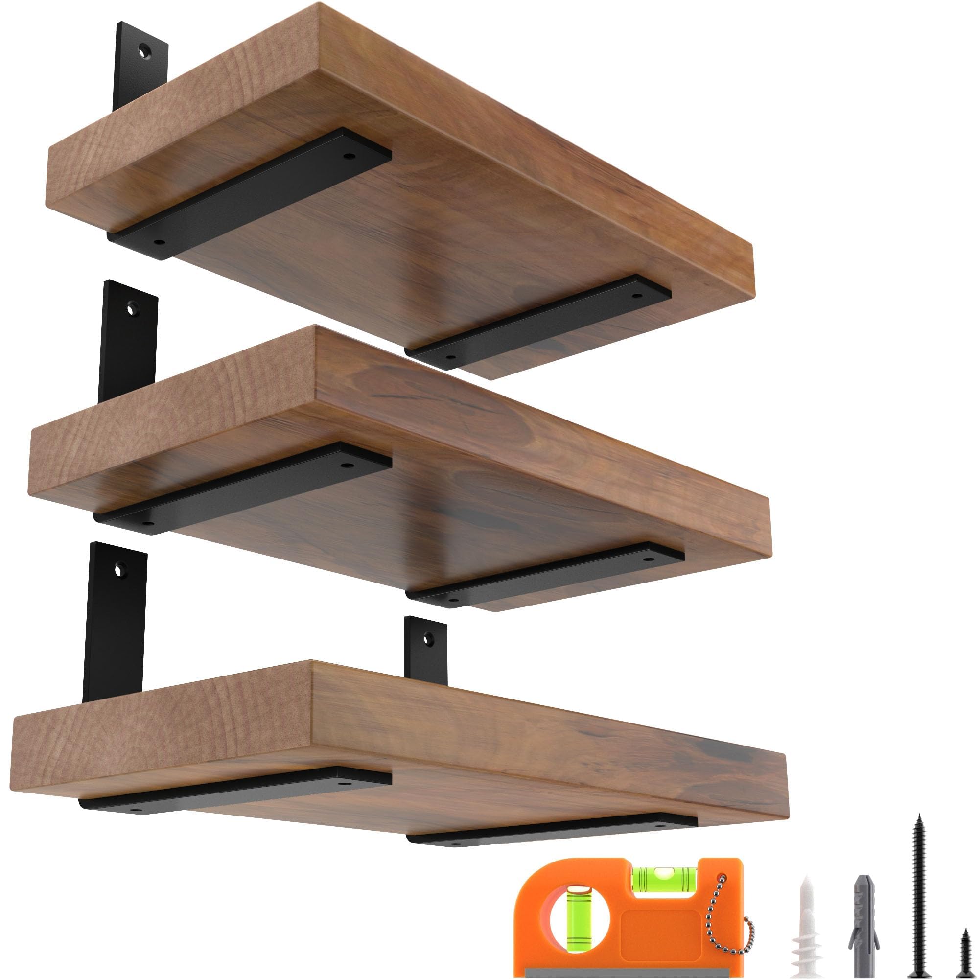 6 Pack 6 Inch Floating L Shelf Brackets for DIY,1/5 Inch Thick Heavy Duty Metal Shelf Bracket for Wall,Premium Black Powder Coated Steel