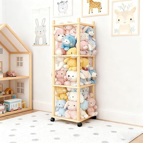 Miniatura 2 de Woodure - Organizador y almacenamiento de animales de peluche, soporte de madera para juguetes de zoológico para habitaciones de niños, salas de