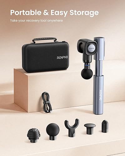 Miniatura 7 de RENPHO Pistola de masaje con ángulos ajustables y mango de extensión, masajeador muscular de percusión de mano con tejido profundo con estuche