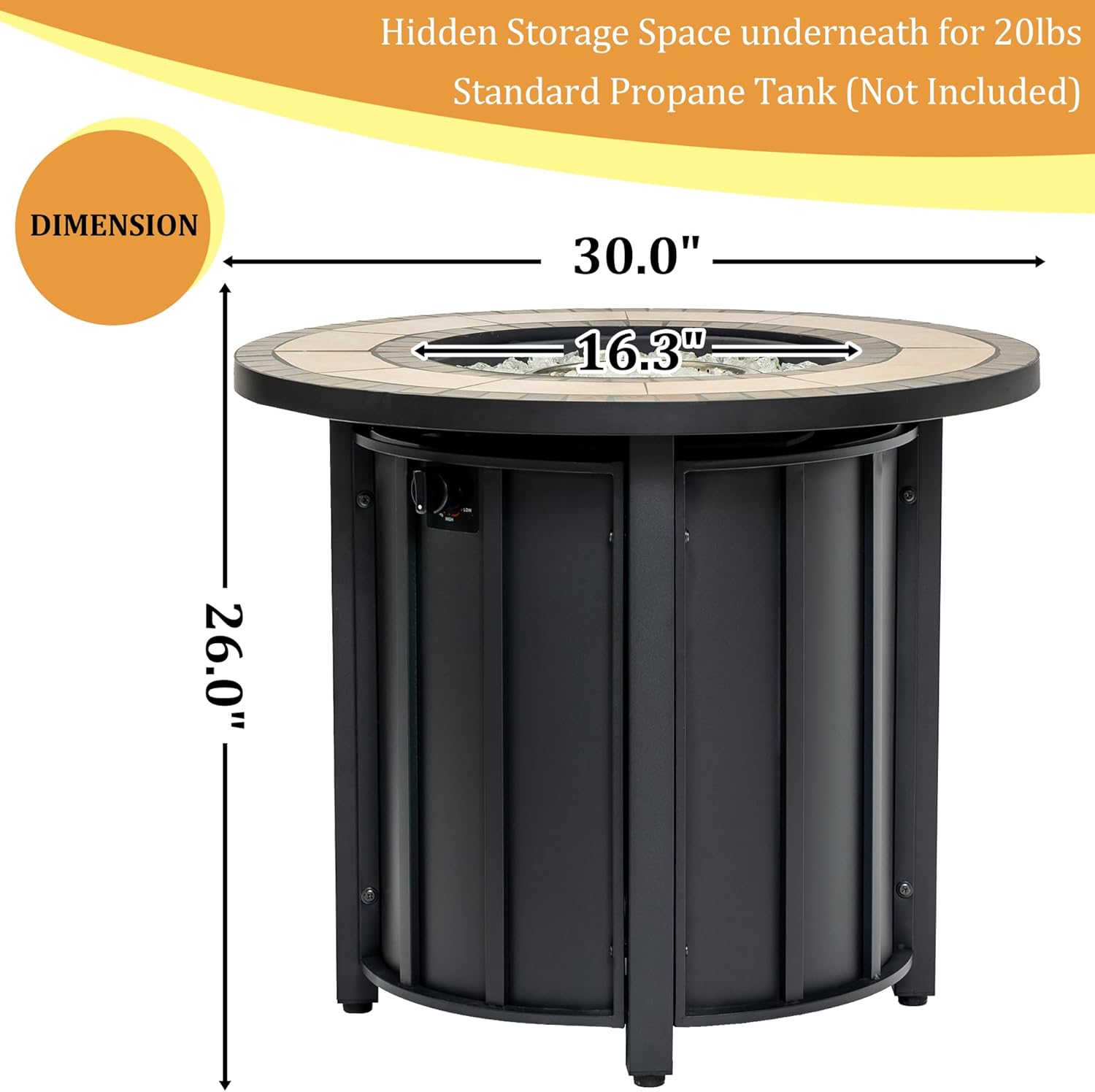 30" Round Propane Fire Pit Table, 50,000 BTU Round Steel Fire Table with Mosaic Ceramic Tabletop, Auto-Ignition Round Gas Firepit with Lid, Glass Rocks & Waterproof Cover for Patio Garden