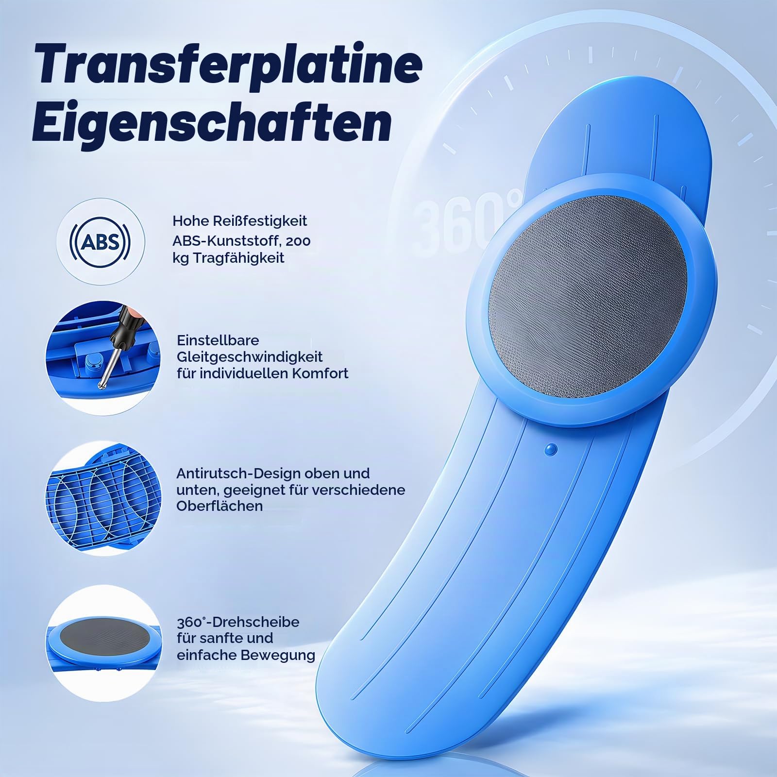 Transferbrett, 90cm Rutschbrett für Rollstuhlfahrer Betttransfer Gleitbrett Badewannen mit 360° Verschiebbarer Drehscheibe 170 Kg Gewichtskapazität für Senioren Im Bett Auto Rollstuhl Toilette