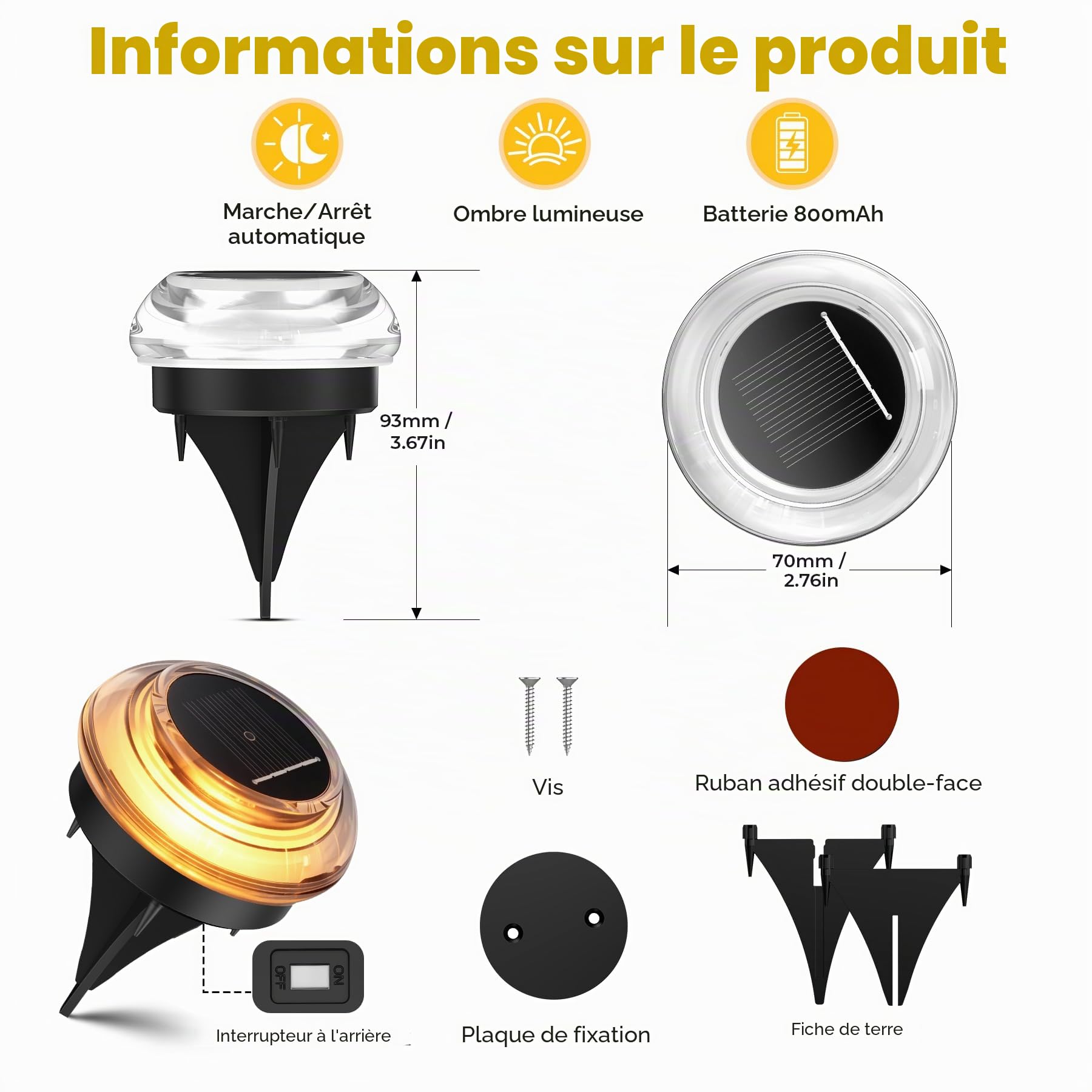 Lot de 12 Lampe Solaire Au Sol, IP65 Waterproof Jardin Eclairage Exterieur Solaire, Lumière Solaire Extérieure Ombre-Lumière, Spot Solaire Extérieur pour Chemins Pelouse Terrasse Piscine,Blanc Chaud
