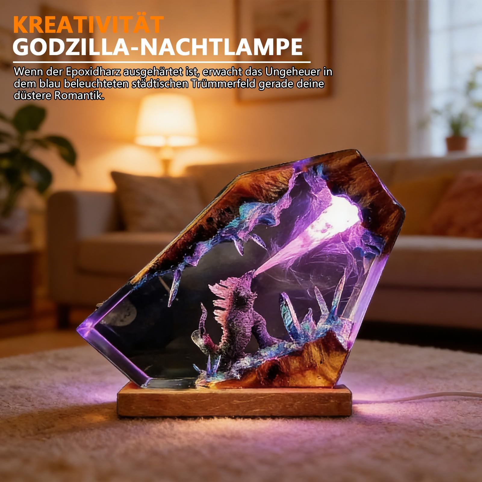 Epoxidharz Godzilla Nachtlicht,Harz Ozean Tier Figuren Nachtlicht Ornamente,Godzilla Würfel Dekoration,mit Holz Sockel USB-Kabel Marine Statue Dekoration,für Wohnzimmer Schlafzimmer (Stil-4)