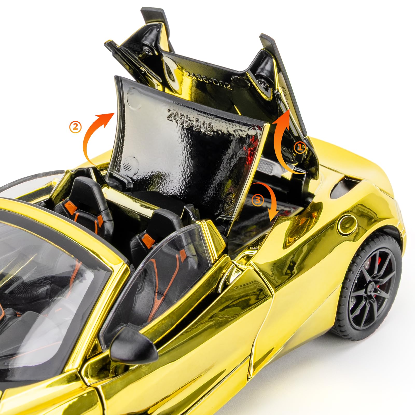 BGHSCA 1/24 Scale Mclaren 720s Diecast Model Car,Zinc Alloy Pull Back Toy Vehicles with Sound and Light for Kids 3+ Years Old Gift(Golden) - Image 4
