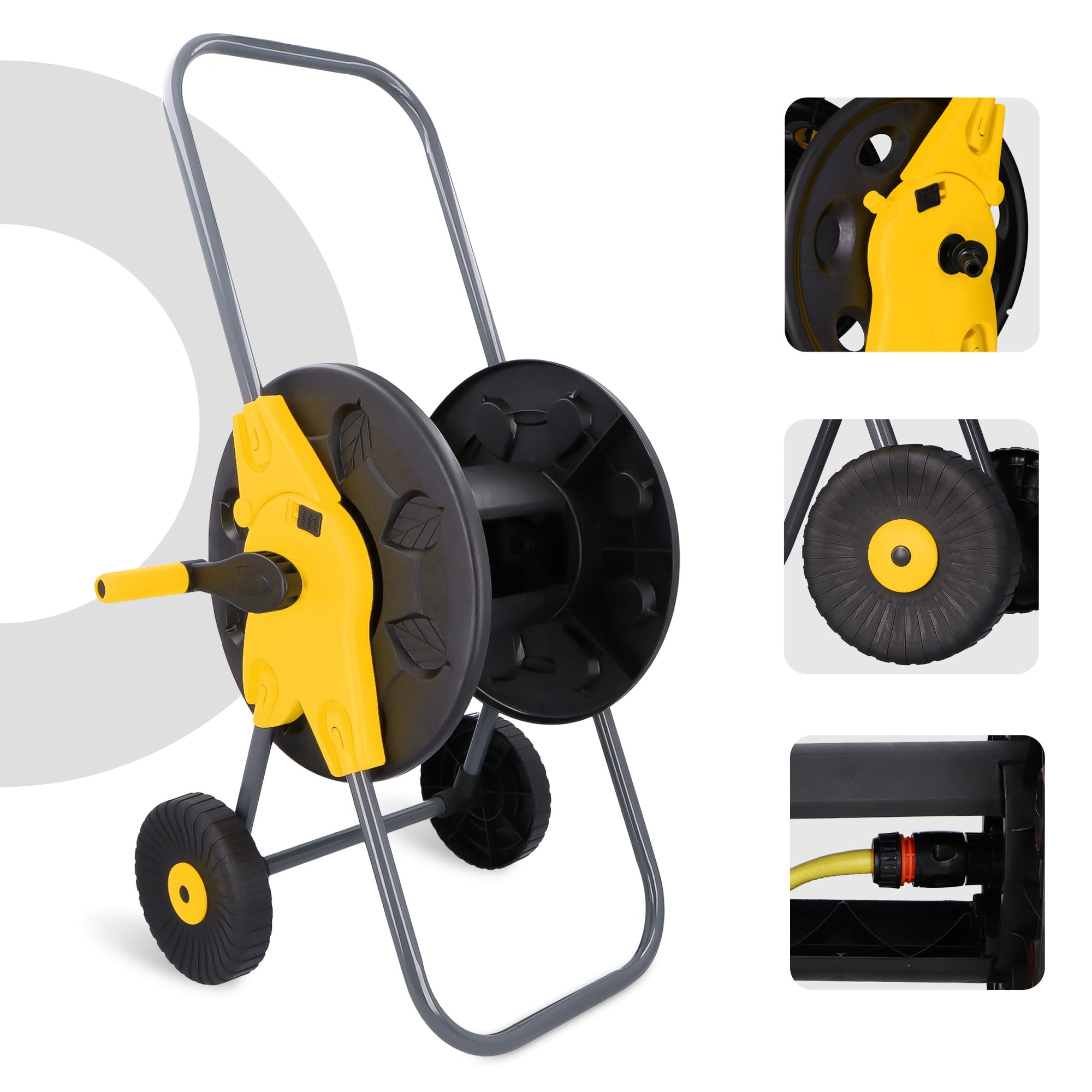 Carro para Manguera de Jardín de 65 m con Carrete Enrollable Soporte con Ruedas Asa Mango Portátil Trípode Enrollador Fuerte Antienredos Ligero y Duradero Ideal para Grandes Jardines
