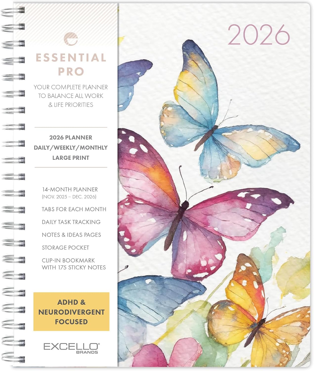 Essential PRO 2026 Daily, Weekly & Monthly Planner, 8.5"x11": 14 Months (Nov 2025 - Dec 2026) Monthly Tabs,Daily Tracking,Notes Pages,Storage Pocket,Bookmark w Sticky Notes (Watercolor Butterflies) 8.5" x 11" Watercolor Butterflies
