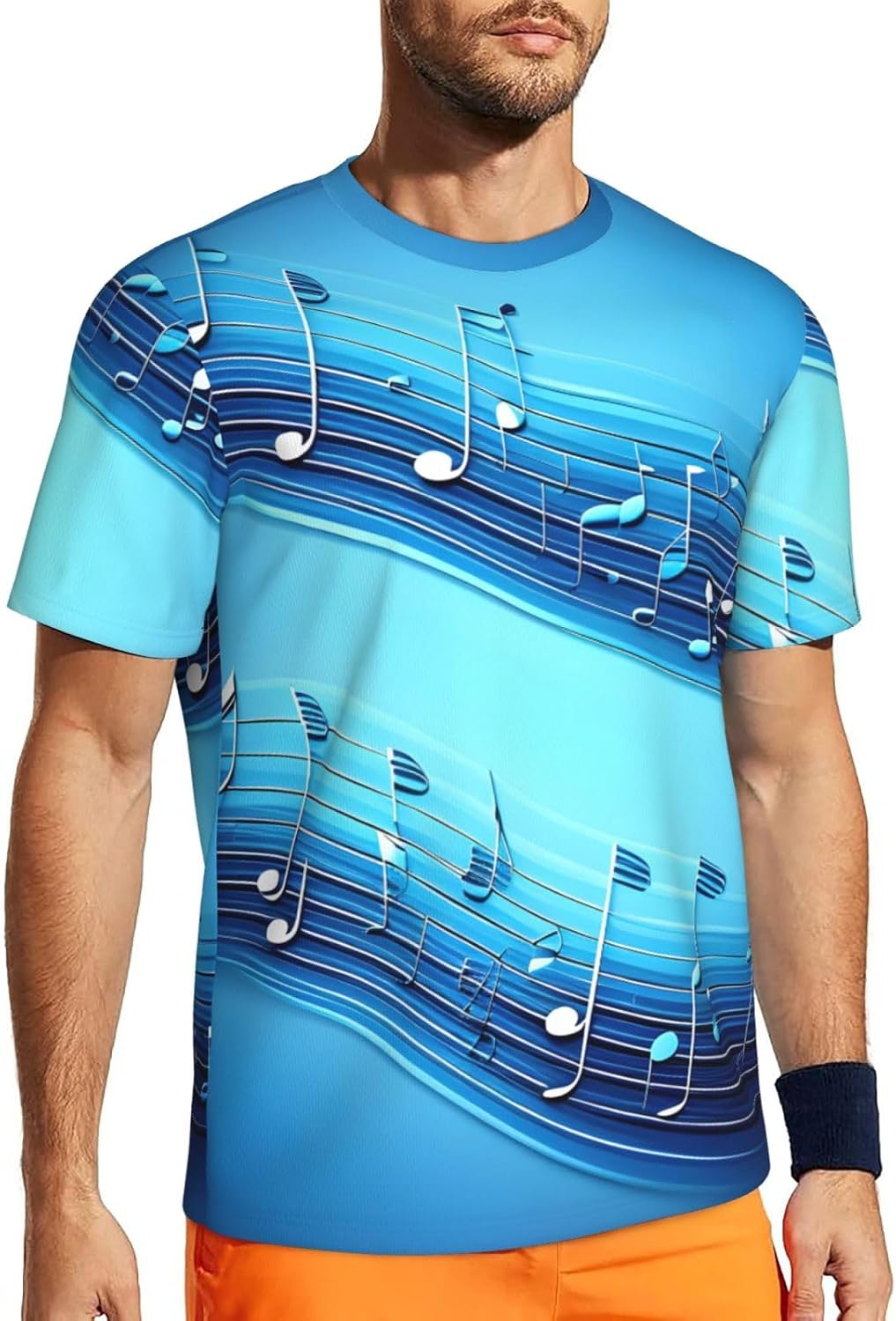 Sky Blue Musical Notes Print Mens Short Sleeve Mesh T-Shirt Breathable Athletic Gym Running Casual Sports Wear