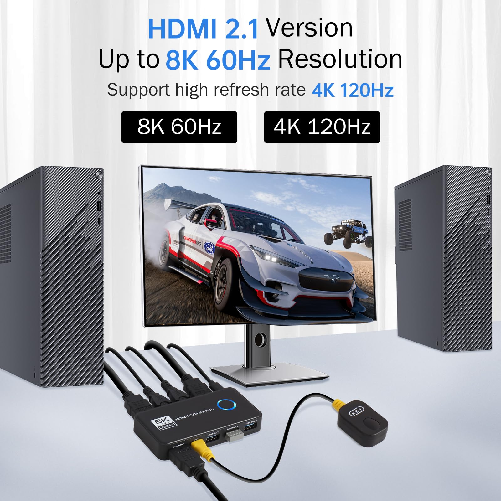 TCNEWCL 8K@60Hz Commutateur KVM HDMI USB 3.0 2 PC 1 moniteur 4K @ 120 Hz, 2 ports Commutateur KVM, prend en charge HDR, Dolby Audio, 3D, HDCP2.3, avec câble HDMI 2.1 et USB 3.0