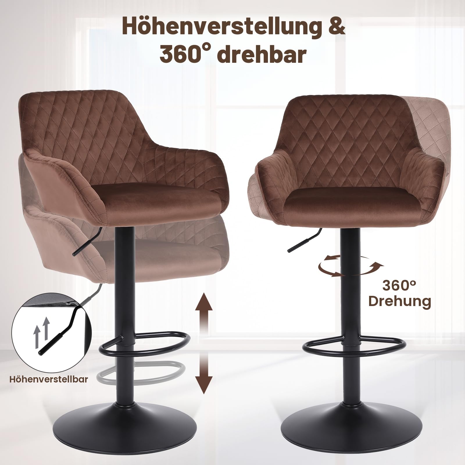 ralex-chair Barhocker 2er Set, Höhenverstellbare Drehbare Barhocker aus Samtstoff, Frühstücks-Esshocker mit Rückenlehne und Armlehne für Bar, Theke und Küche, Braun