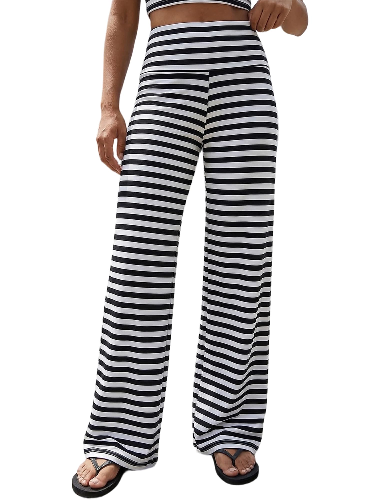 Anuedgis Y2K Striped Wide Leg Pants for Women Trendy Fold Over Low Rise Yoga Pant Casual Loose Going Out Sweatpants (A-Black White, M)