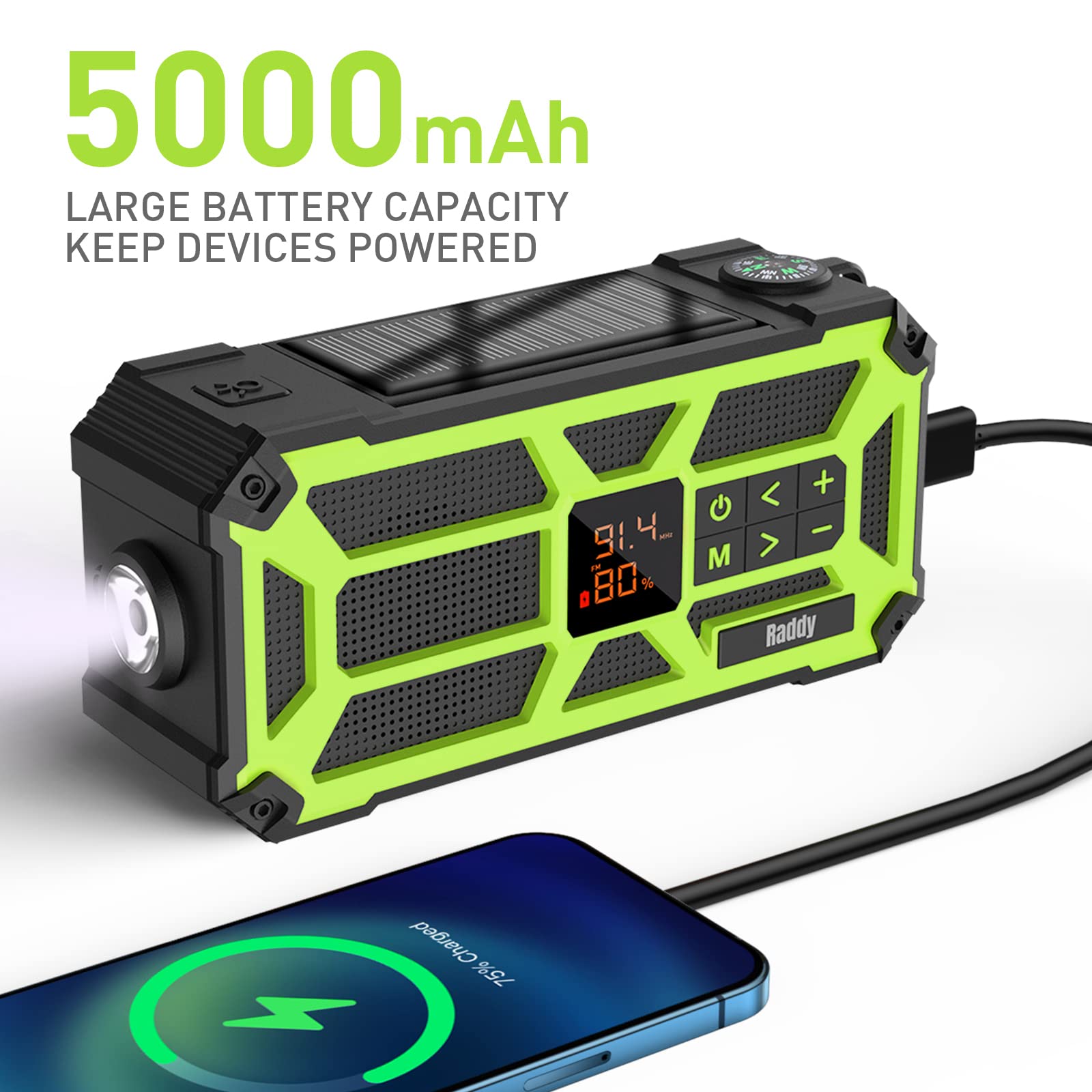 Raddy SW5 Radio Dinamo Impermeabile IPX5 AM/FM Portatile Emergenza Solare 5000mAh Powerbank