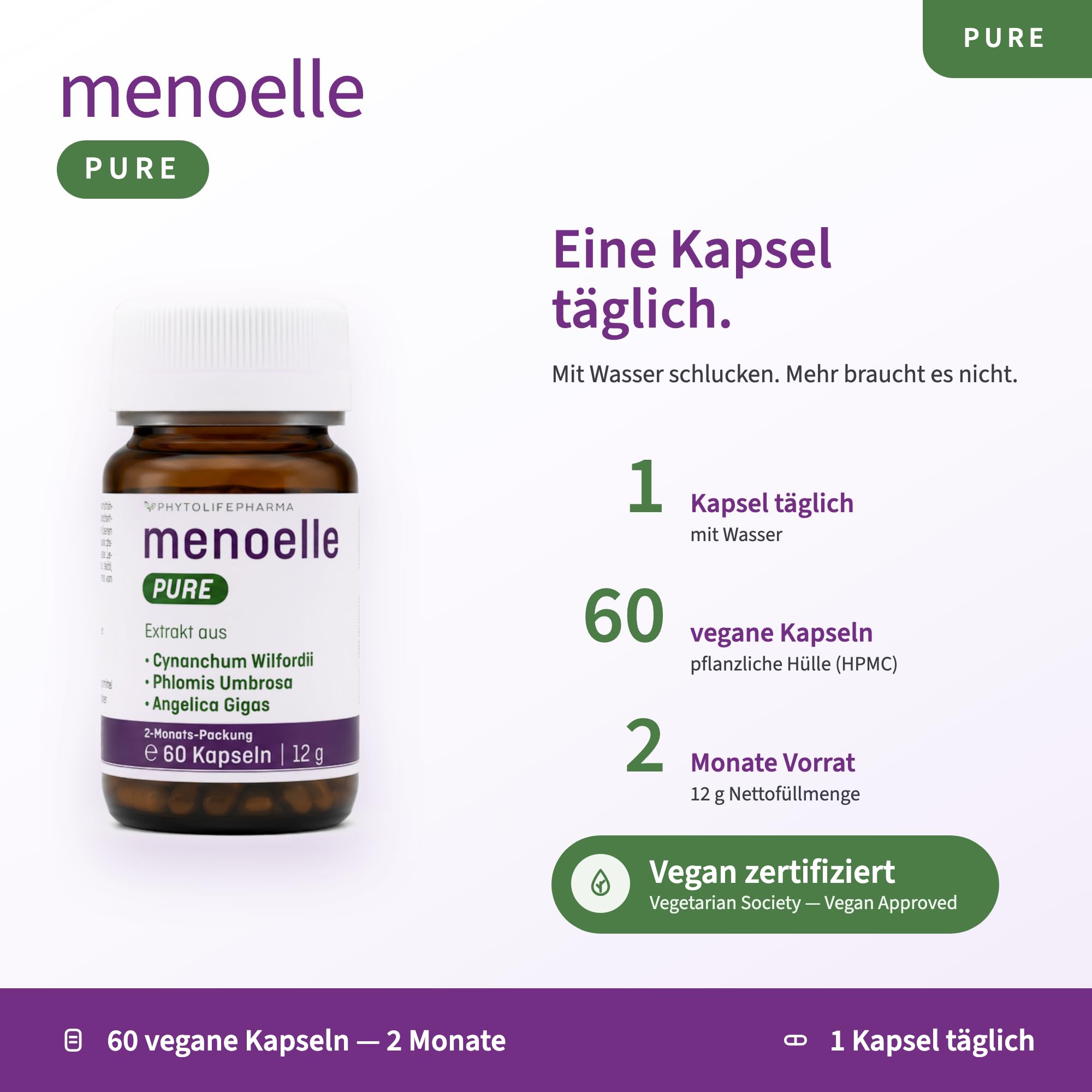 menoelle PURE – EstroG-100 Extrakt aus 3 Wurzeln – 60 vegane Kapseln