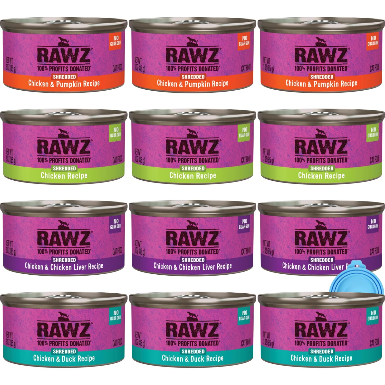 Rawz Natural Premium Canned Cat Wet Food Shredded -12 Pack Chicken Variety - 4 Flavors - (Chicken & Duck, Chicken & Liver, Chicken & Pumpkin, Chicken) Pets Food Bowl - (3oz Cans)