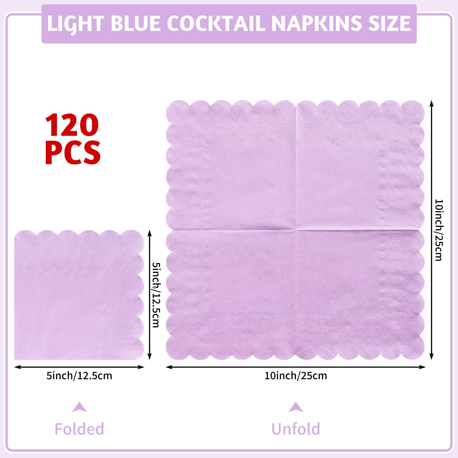 NatNarr 120 servilletas de papel de lavanda festoneadas, 120 unidades | Servilletas de postre de color morado claro para cumpleaños, Halloween, boda, despedida de soltera, baby shower