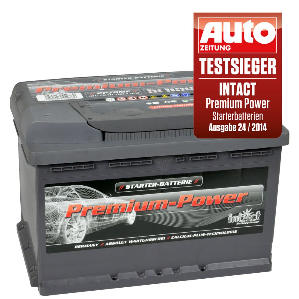intAct Premium Starterbatterie 12V 78Ah 760A - Autobatterie mit 30% mehr Startleistung und Schnellladetechnik - auslaufsicher und wartungsfrei - Maße (LxBxH): 278x175x190mm, Pluspol rechts