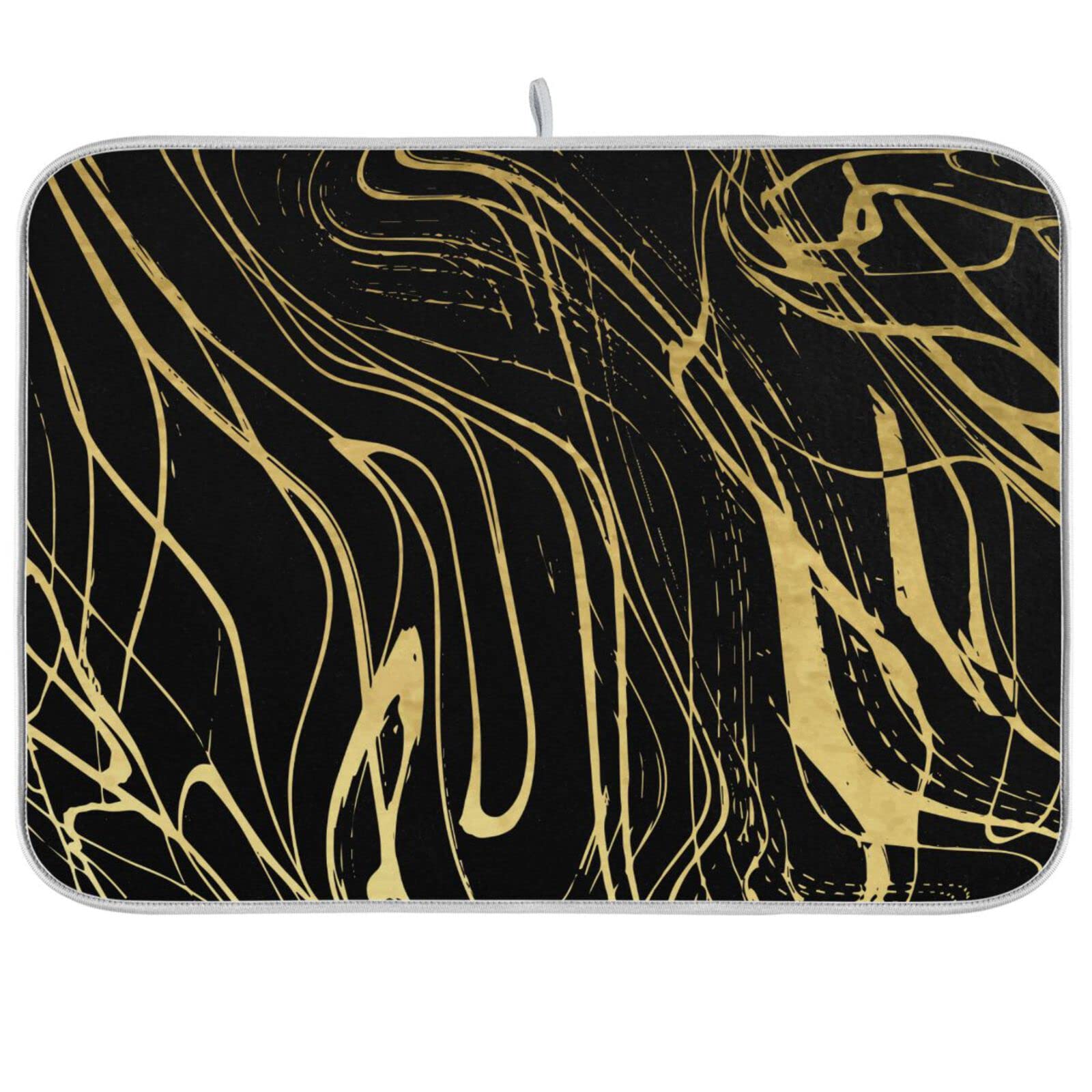 Polyester Dish Drying Mat Absorbent Drying Mat for Kitchen Counter 16 x 18 inch 3D Gold Black White Marble Dish Dry Mat Pad with Hanging Loop