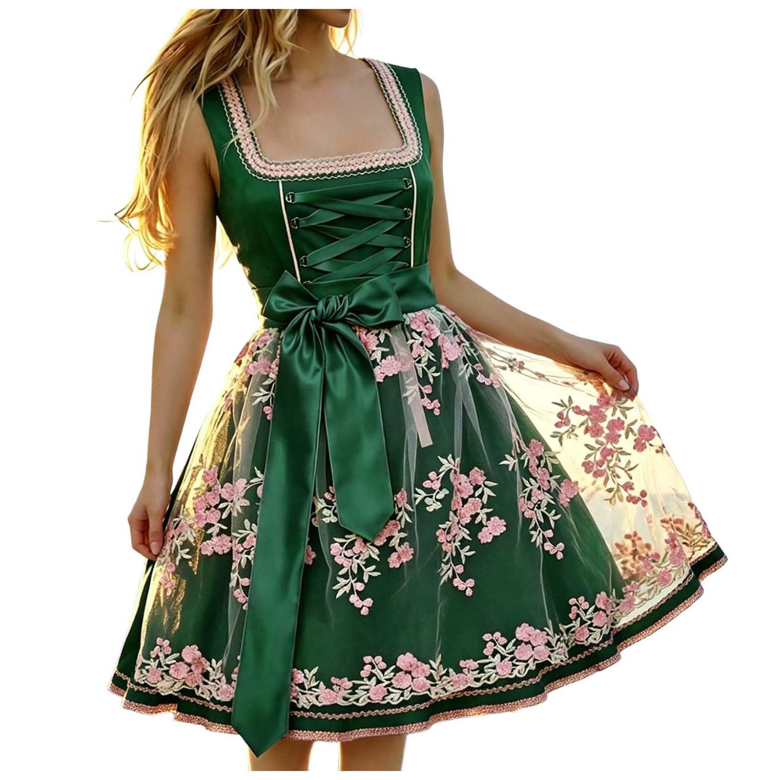 Generisch Dirndl Kleid Damen Midi Tracht Trachtenmode Dirndelkleider Lang Grosse Grössen Dirndl Komplettsets für Oktoberfest Volksfest und Besondere Anlässe