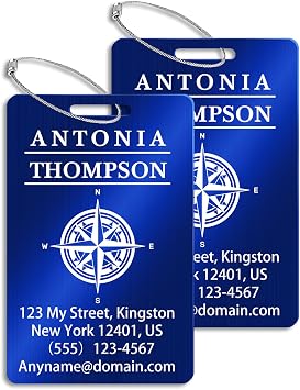 Personalized Metal Luggage Tags 2 Pack, Customizable Icon Text, Laser Engraved Waterproof Durable, for Bags, Backpack Travel, Suitcases Blue