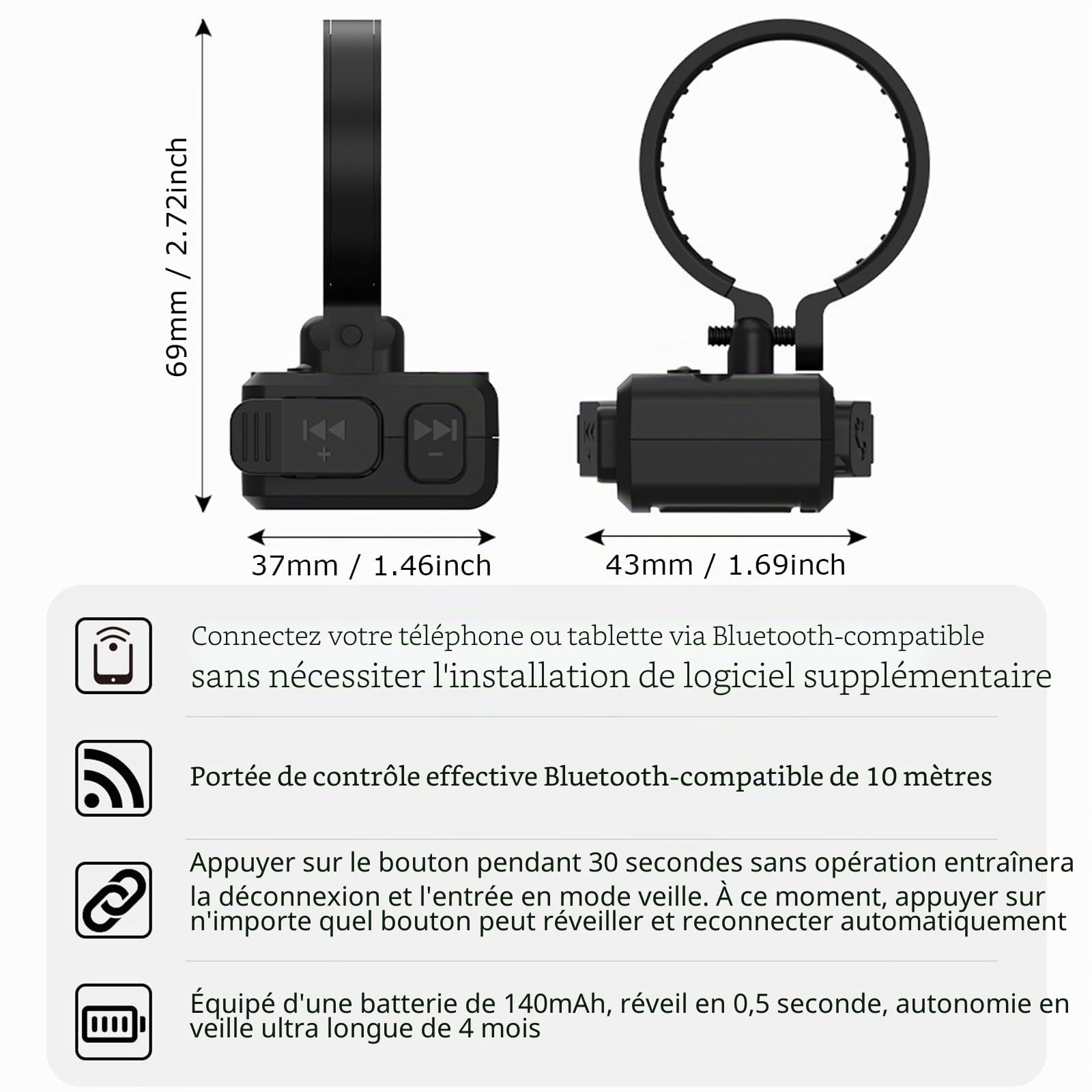 Bouton multimédia Bluetooth sans fil IPX6 étanche pour guidon de moto, vélo, assistant vocal Siri, télécommande rechargeable pour iPhone/Android