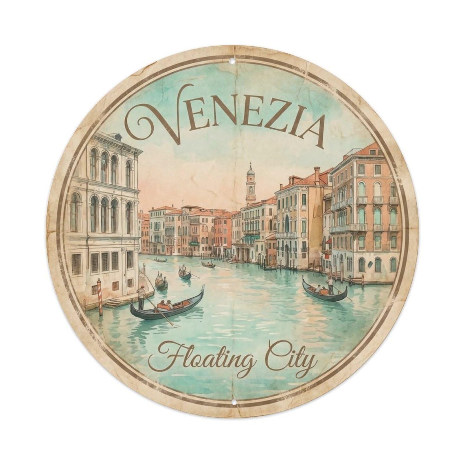 Vintage Travel Venice Grandcanal Italy Metal Tin Sign Plaque Wall Decor for Cafe, Club, Garden Round Metal Poster 8x8Inch