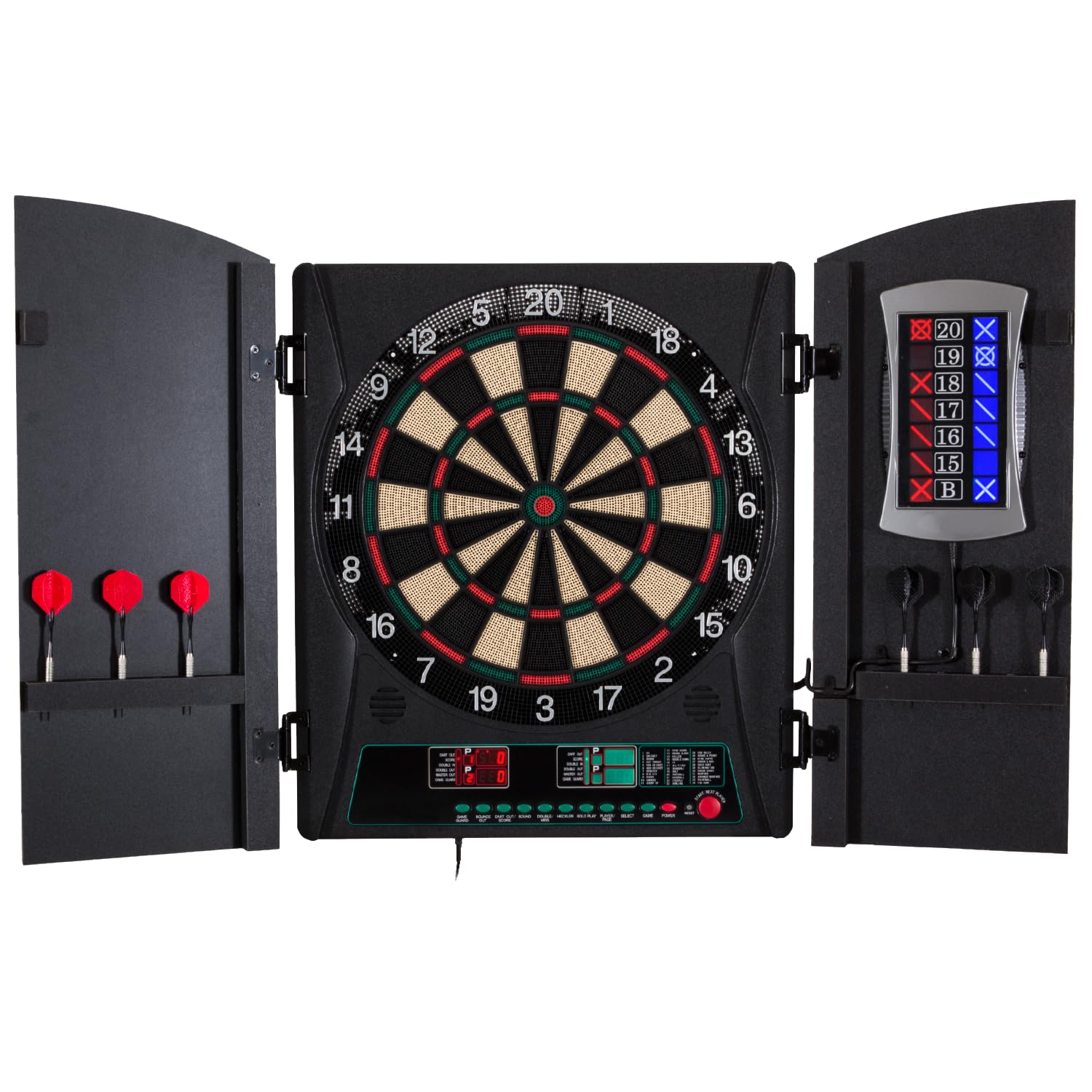 Arachnid CricketMaxx 1.0: 13.5” recreation size with wood cabinet. Features 34 games, 183 variations, 8-player LED X/O scoring, and Heckler mode. Integrated storage for darts and accessories