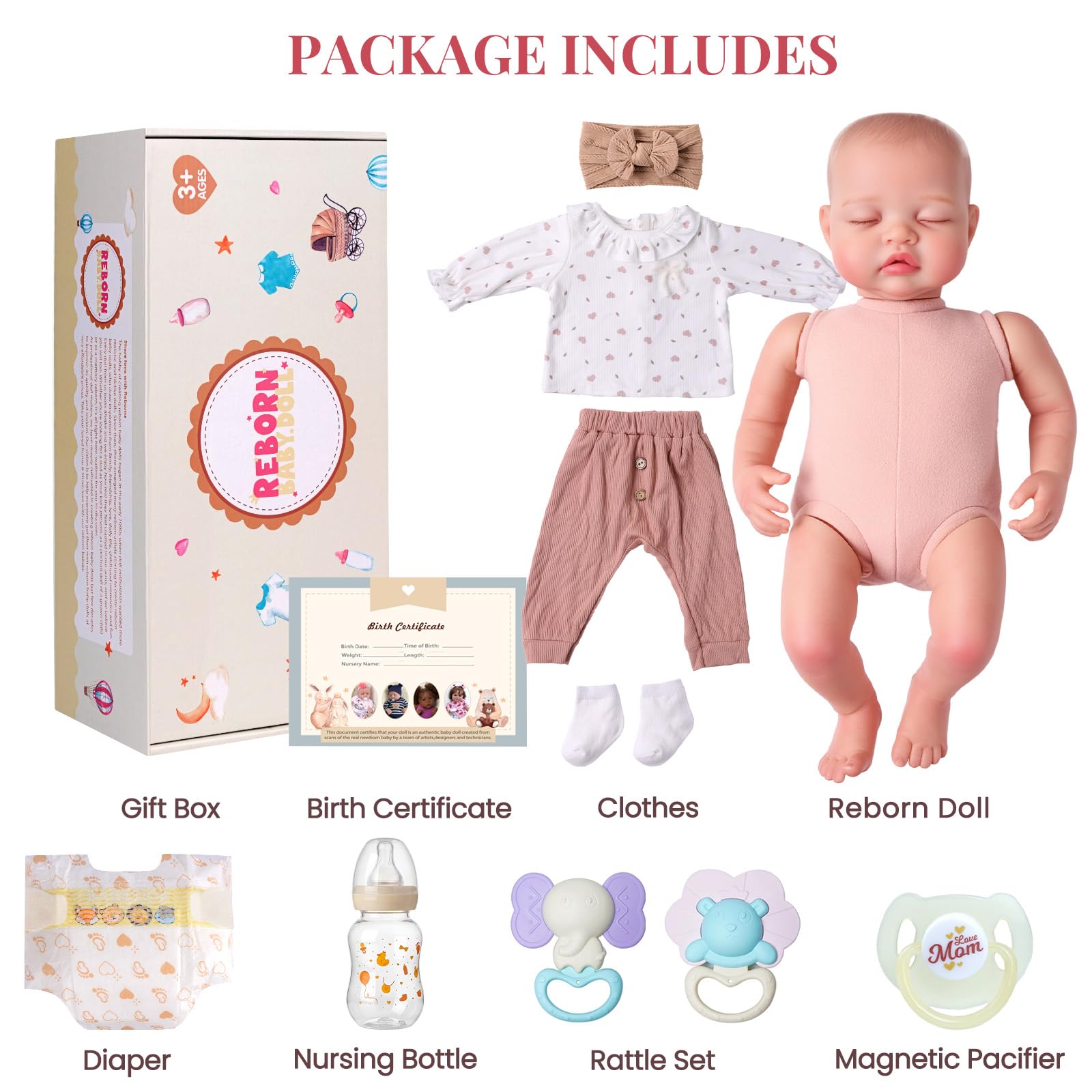 BABESIDE Reborn Baby Puppe, Realistische Babypuppe mit Stoffkörper | Baby Puppe, Geschlossene Augen, Bewegliche Glieder, Anzieh- und Pflegespiel, Geschenk für Kinder ab 3 Jahren