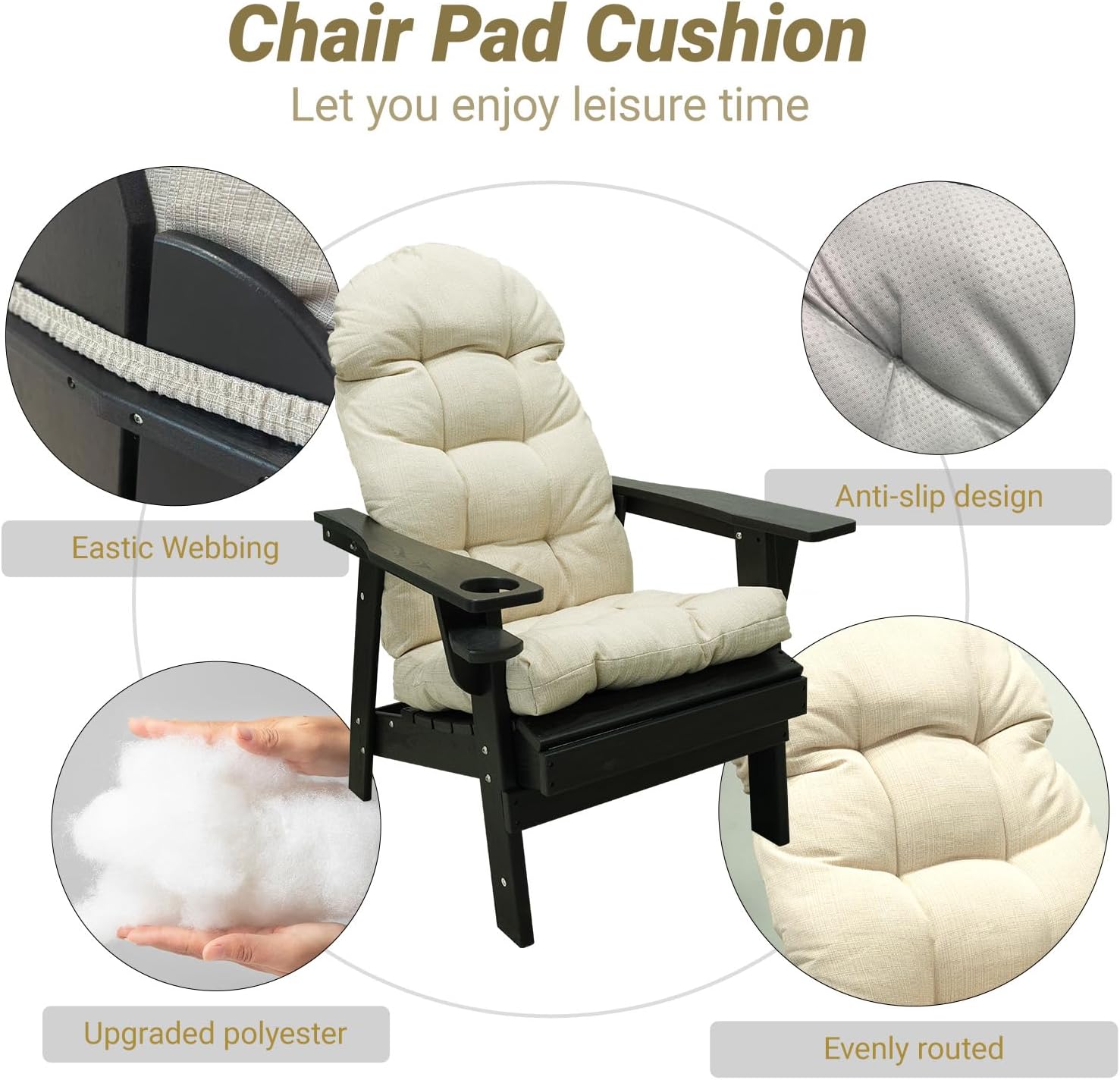 PROHIKER Adirondack Chair Cushion with Ties, Thick Tufted High Back Rocker Cushions for Outdoor Use, Soft Glider Rocking Seat Replacement Cushions for Patio Lawn Chair (Beige, Set of 4)