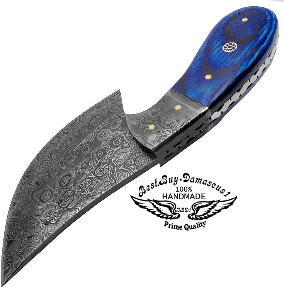 Best.Buy.Damascus1 Blue Wood 7" Fixed Blade Custom Handmade Damascus Steel Skinner Hunting Knife With Brass Spacers And Unique File Work On The Handel A Piece Of Craftsmanship Prime Quality