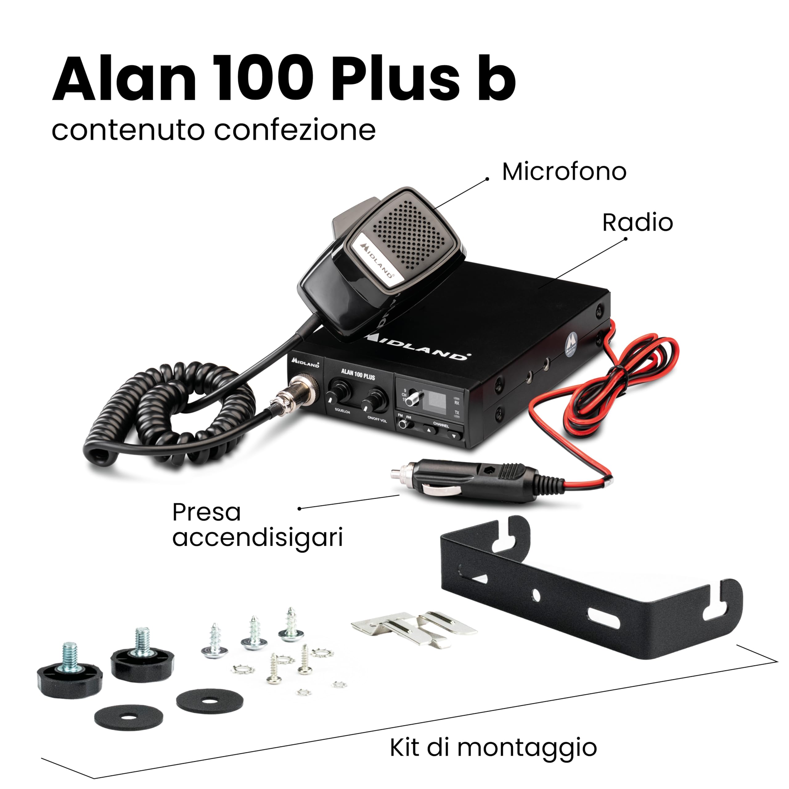 Midland Alan 100 Plus CB Radio Ricetrasmittente Veicolare 40 Canali AM/FM Nero